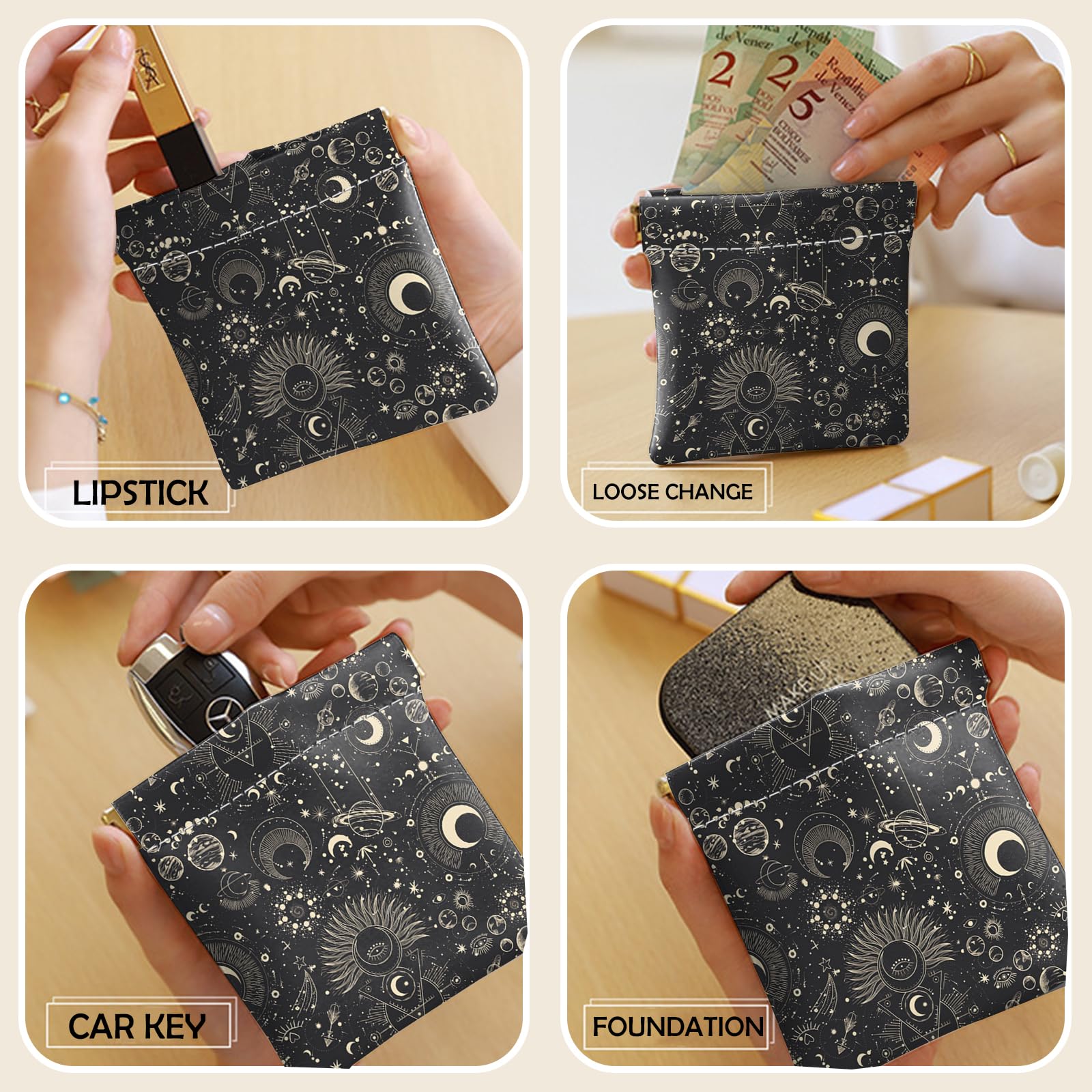 2 Pack Small Squeeze Coin Purse - Soft PU Leather Mini Wallet Change Pouch for Women, Men & Girls - Cute Aesthetic Moon & Sun Design - Perfect for Travel, Shopping and Everyday Use