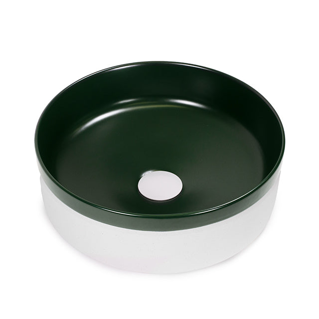 370mm Matte White & Dark Green Round Above Counter Basin - Modern Bathroom Sink for Vanity, Powder Room, and Guest Bathroom Decor