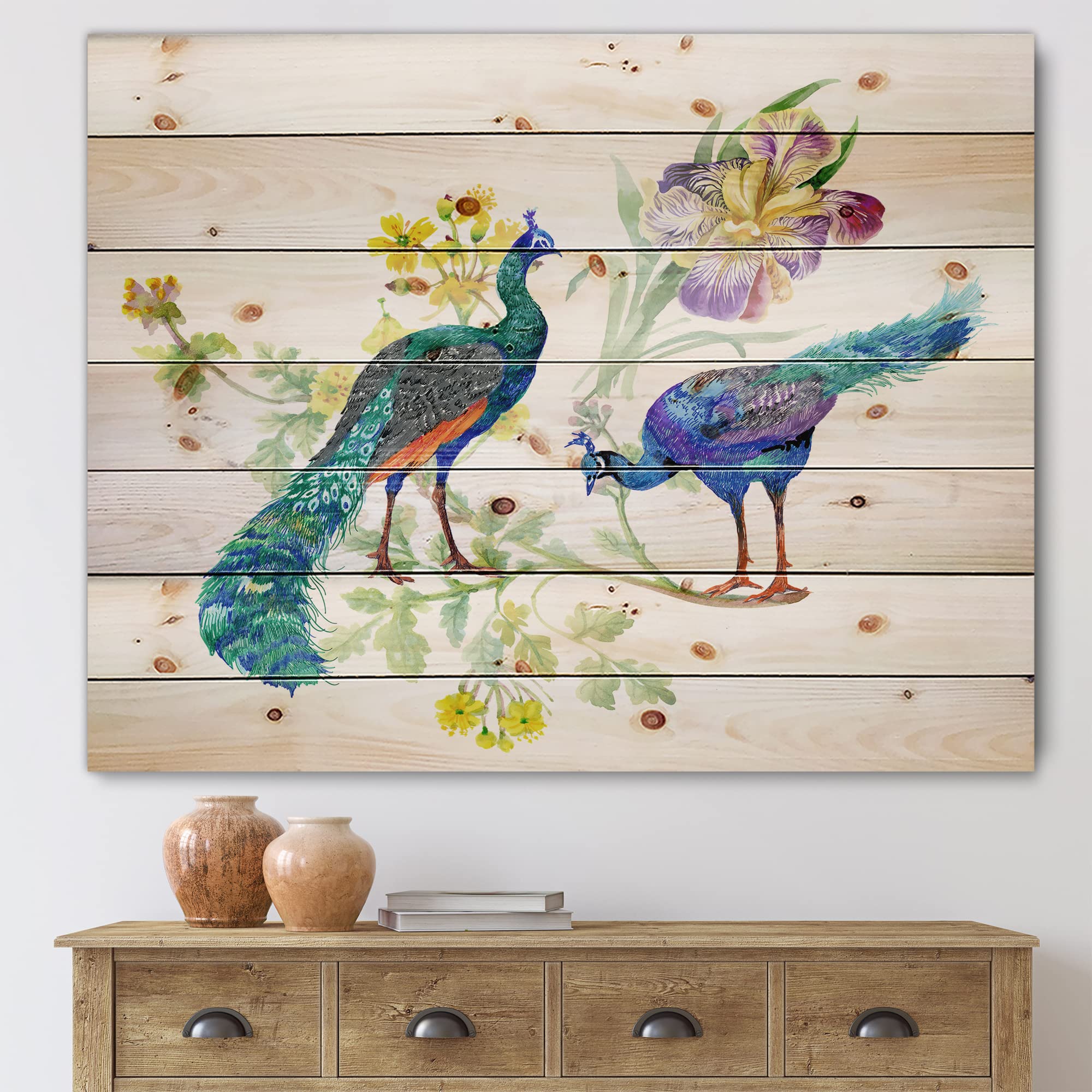 DesignQ Traditional Blue Peacock & Iris Flowers Wood Wall Art - Handcrafted Pine Wood Panel Decor, 35x25 Inch - Perfect for Living Room, Bedroom & Office Wall Decoration