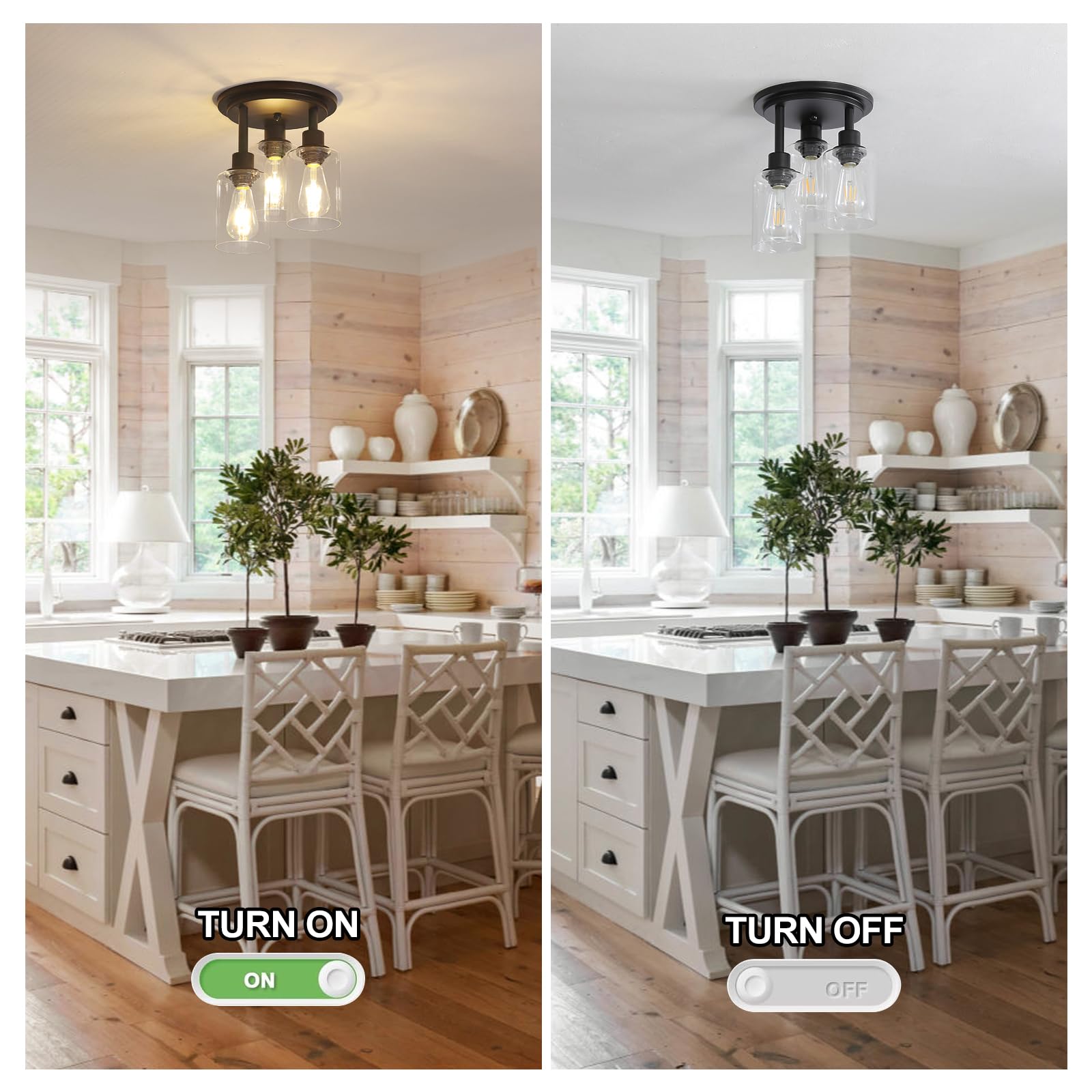 3WWWUEE 3-Light Semi Flush Mount Ceiling Fixture - Clear Glass Shade with Matte Black Finish - Farmhouse Industrial Rustic Lighting for Hallway, Kitchen Island, Entryway & Bedroom - E26 Socket - 11.2 Inch - Perfect for Dining Rooms, Living Rooms and Home Decor
