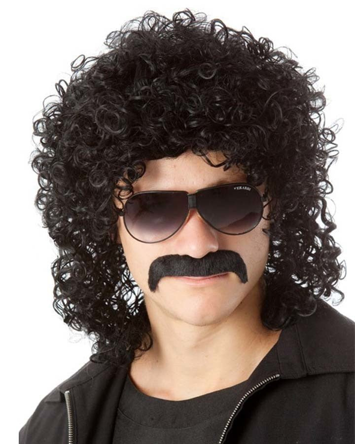 80s Retro Men's Perm Curly Black Wig & Mustache Set - Vintage Costume Accessories for Halloween, Cosplay, and Themed Parties