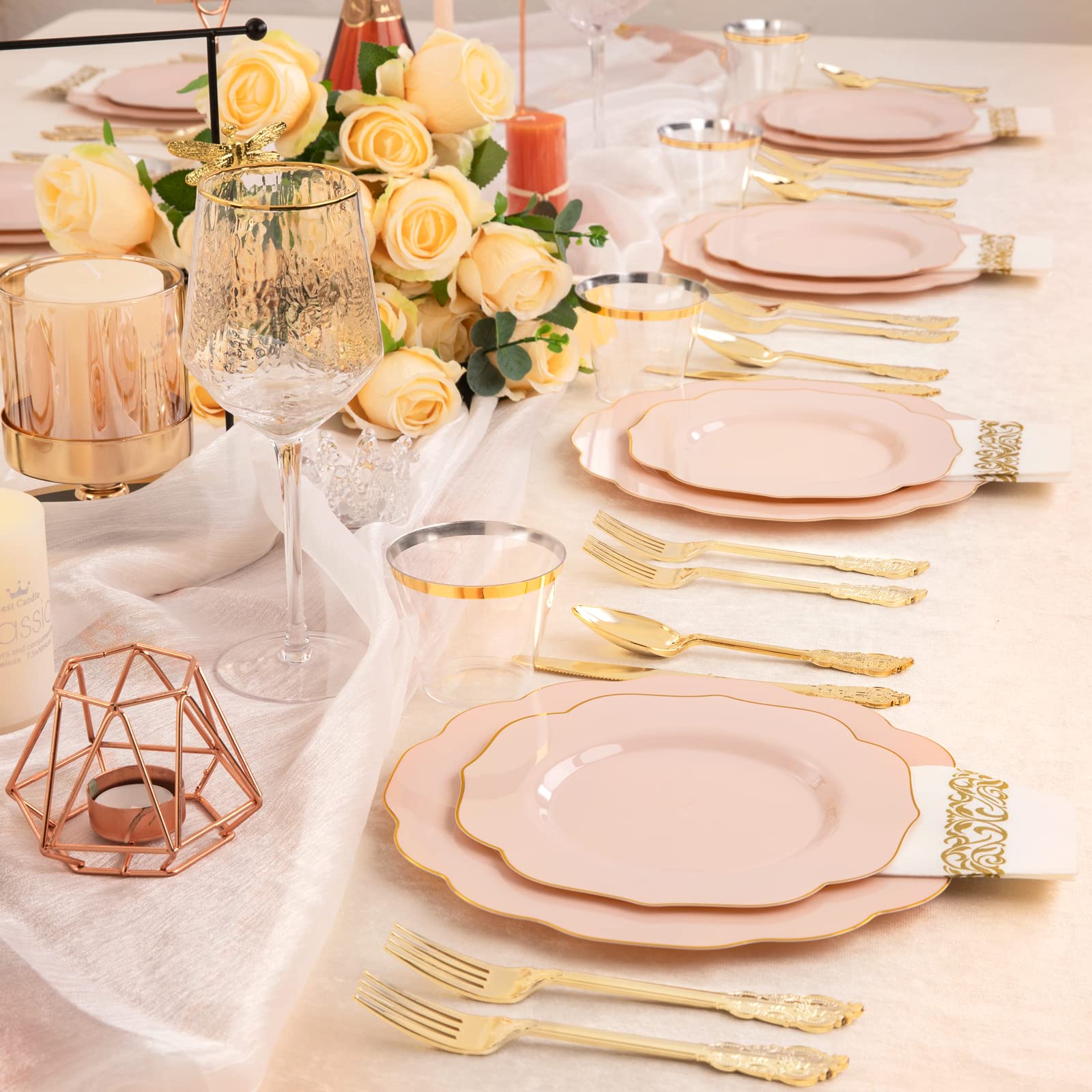 NOCCUR 175-Piece Pink Plastic Party Tableware Set - 50 Disposable Plates, 25 Forks, 25 Knives, 25 Spoons, 25 Cups & 25 Napkins - Elegant Gold Trim - Perfect for Weddings, Baby Showers, Birthday Parties & Bridal Showers - Great for Indoor/Outdoor Events & Catering