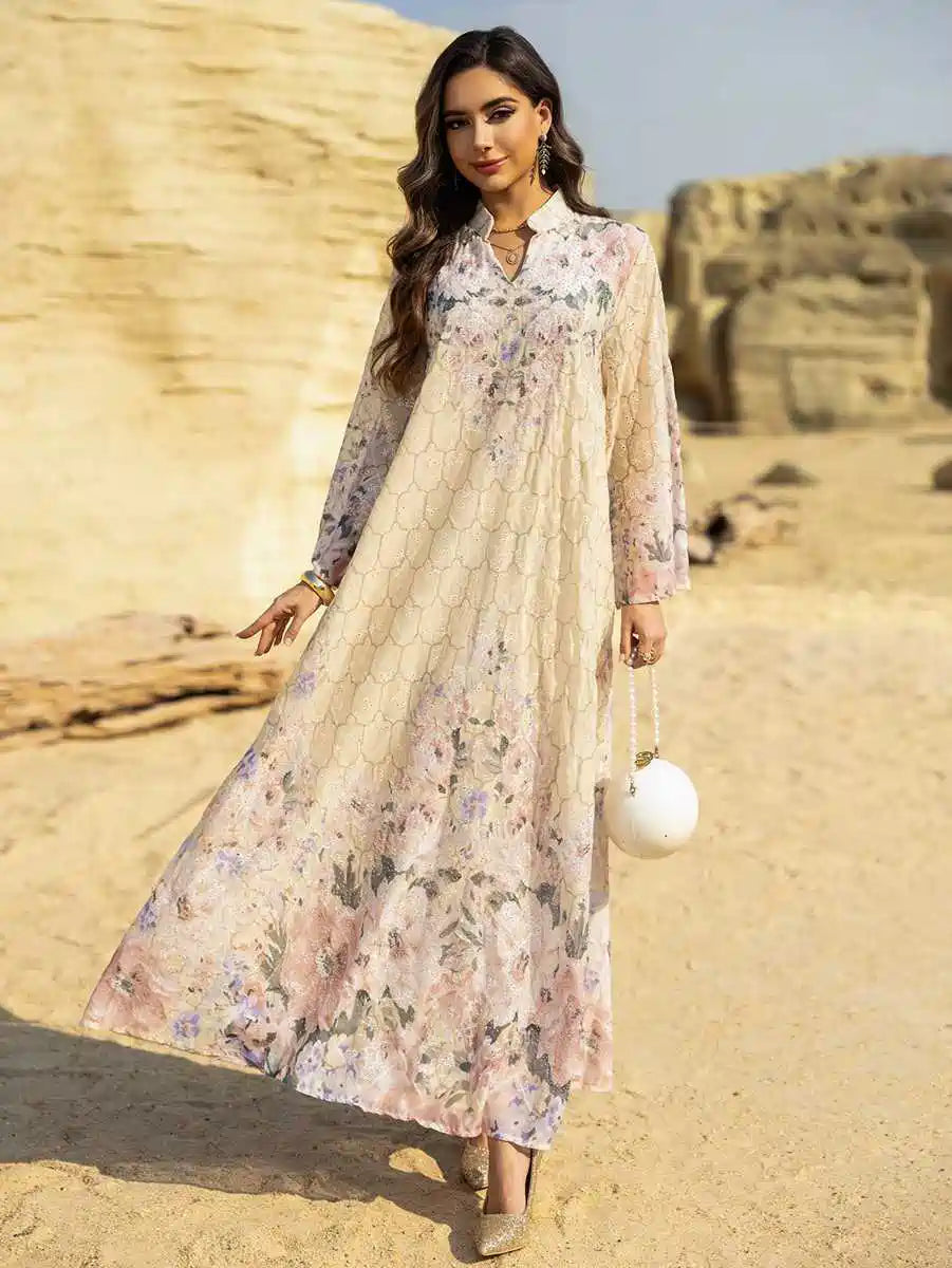 Elegant Eid Dress for Women - Embroidered Caftan Kaftan with Floral Print #25463 | Perfect for Eid Celebrations, Weddings & Special Occasions