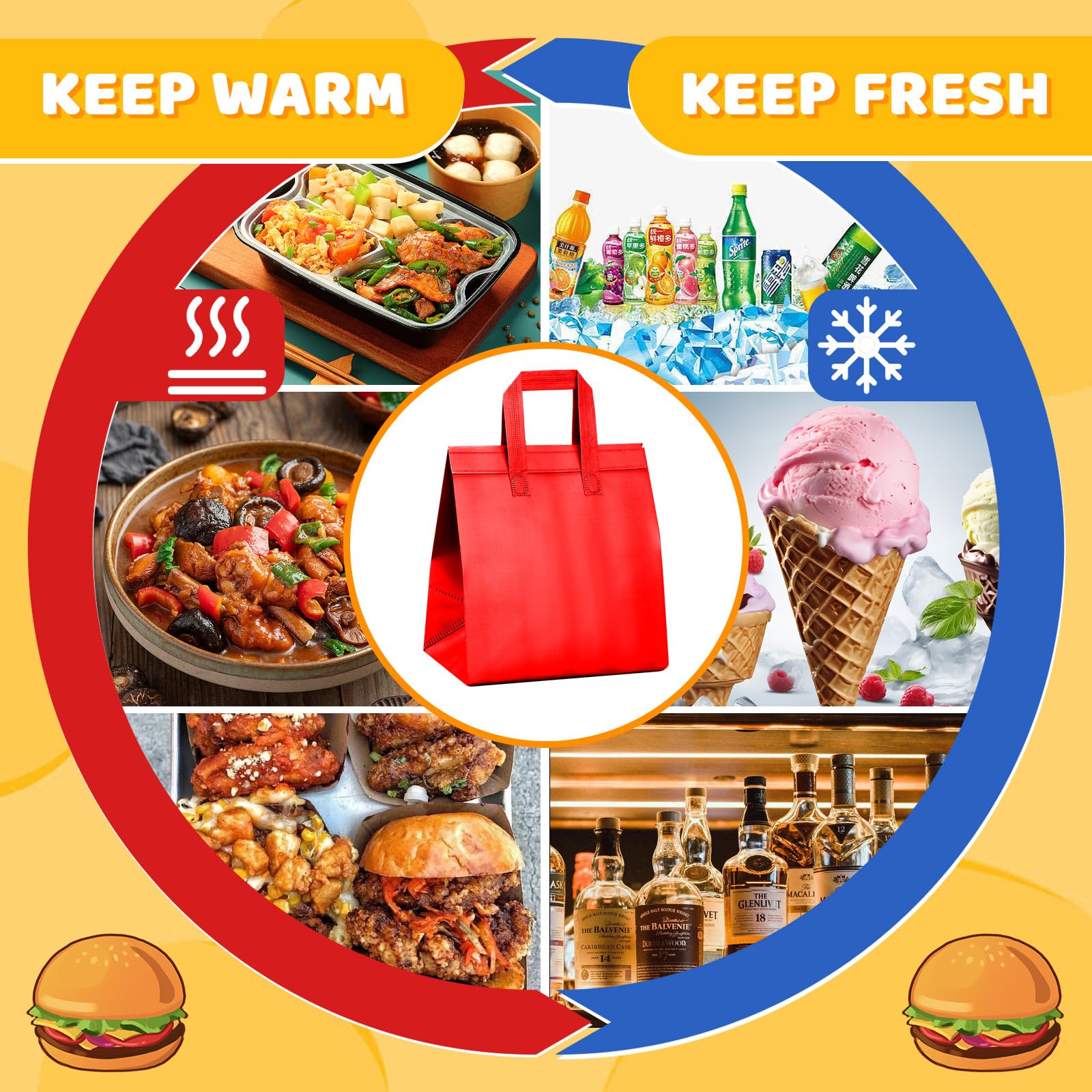 200 Pcs Insulated Take Out Bags Bulk - Thermal Food Delivery Bags 10.24x11.02x6.69 Inch for Grocery, Lunch, Hot & Cold Food - Disposable Shipping Cooler Bags (Colored) - Perfect for Restaurants, Catering & Meal Prep Services