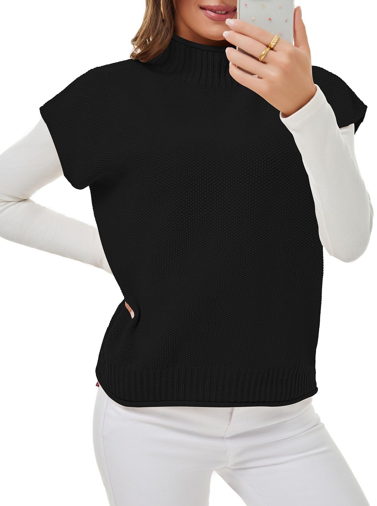 Pink Queen Women's 2025 Spring Mock Neck Sweater Vest Cap Sleeve Pullover Knit Tops - Casual Office Wear & Spring Layering Outfits