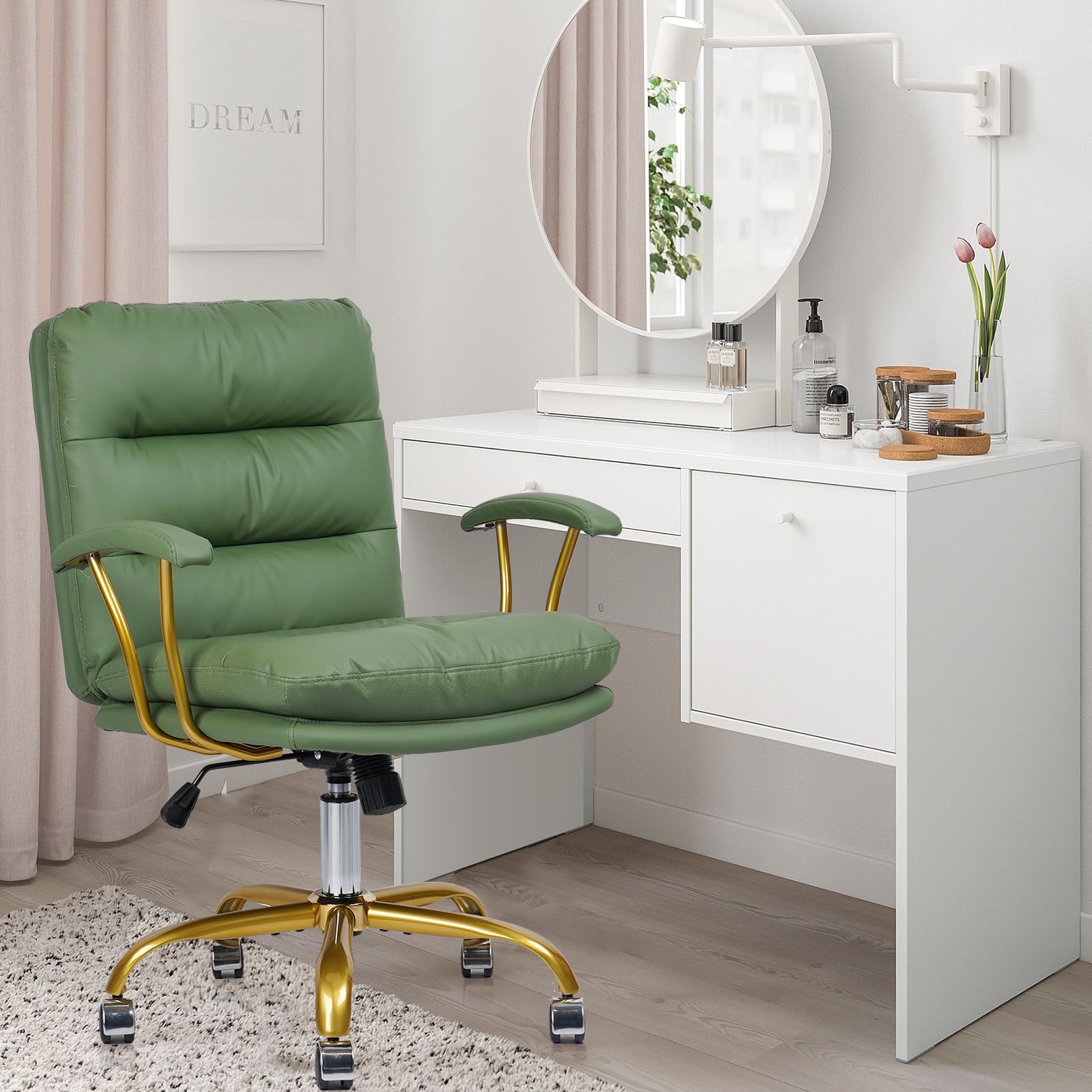 Premium Green & Gold Leather Office Chair - Ergonomic Swivel Desk Chair with Padded Seat, Adjustable Height & Wheels - Perfect for Home Office, Study Room, Vanity Dressing Table & Living Room Workspace