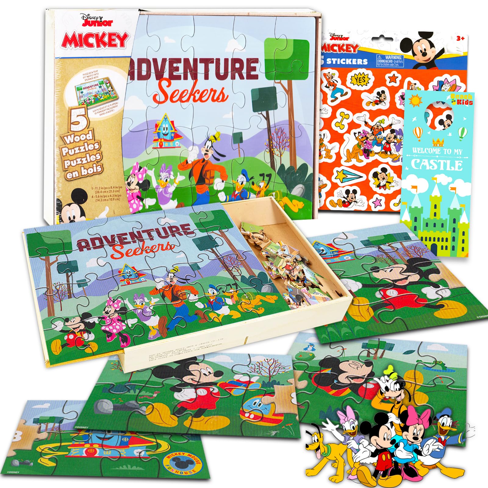 Mickey Mouse Wooden Jigsaw Puzzle Set for Kids - 100 Piece Educational Puzzle with Exclusive Disney Stickers | Perfect for Birthday Parties, Classroom Activities & Family Game Night