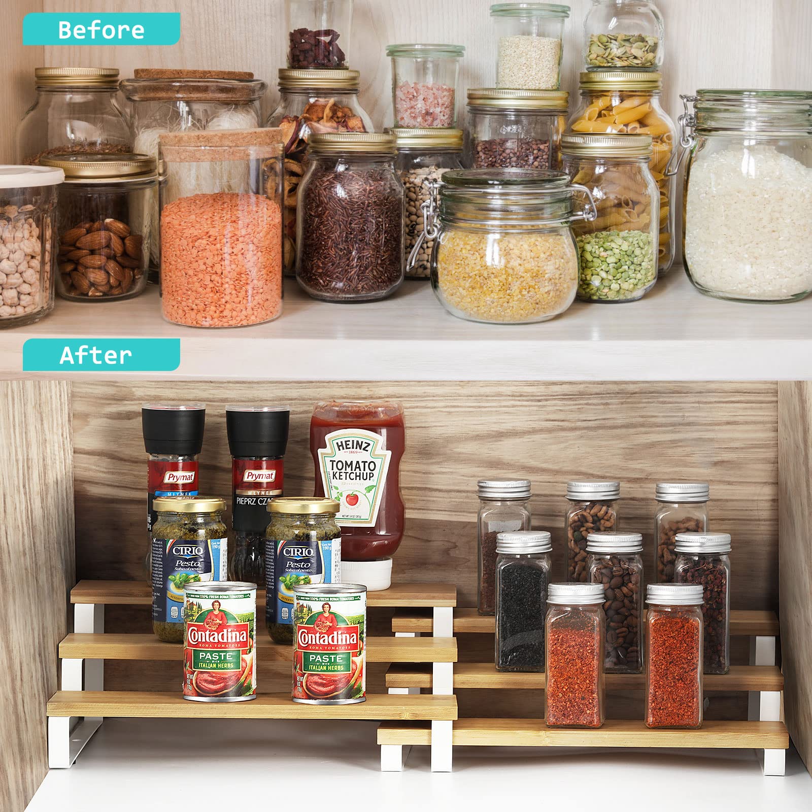 MOOACE Expandable 3-Tier Spice Rack Organizer for Kitchen Cabinet - White & Natural Spice Shelf with Adjustable Shelves (Set of 4) - Perfect for Countertop, Pantry, and Small Space Kitchen Organization