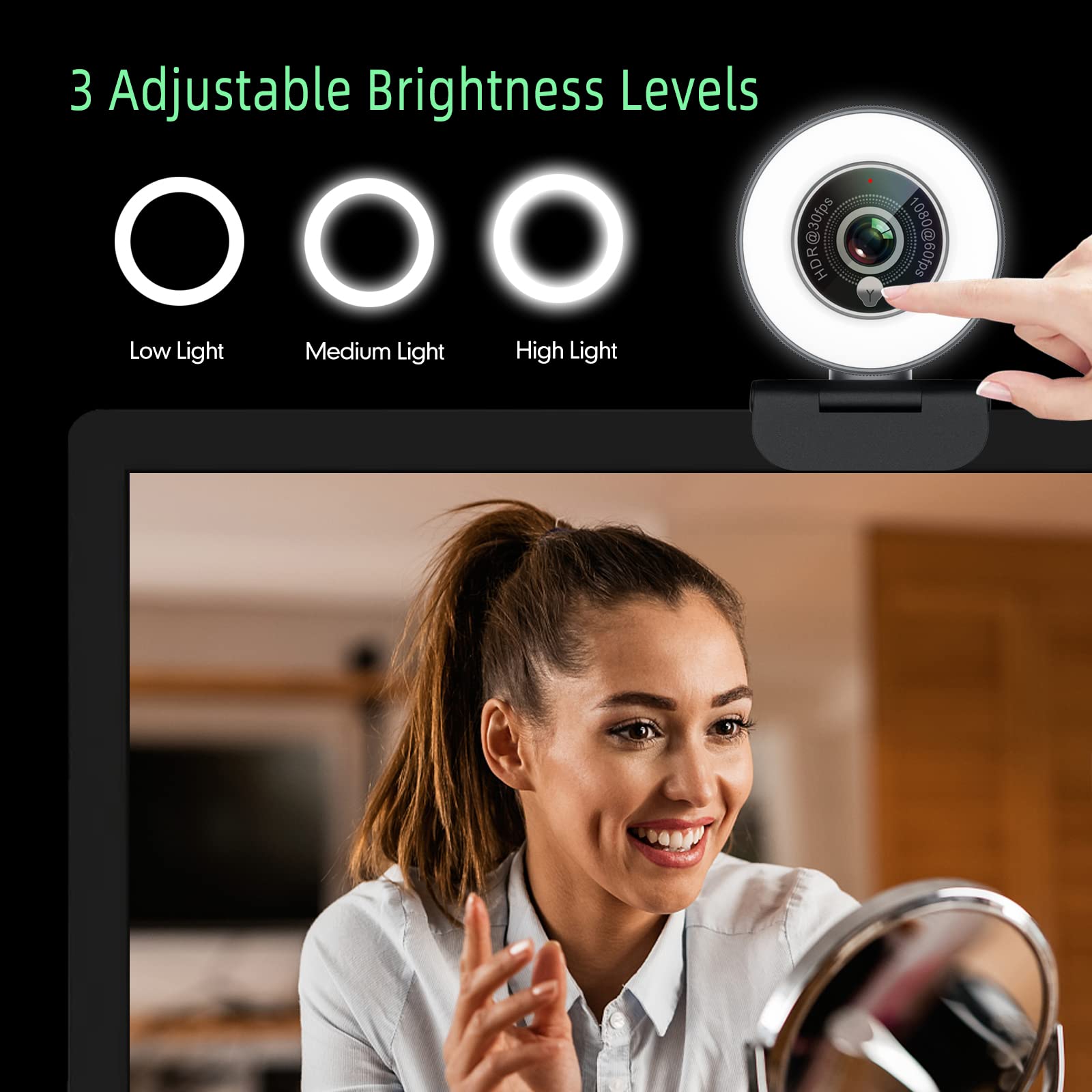 Angetube 1080P Webcam with Ring Light - USB Streaming Camera 60FPS with Built-in Mic, Auto Light Correction, Adjustable FOV, HDR Compatible for Zoom/Skype/Teams - Perfect for Video Conferencing, Online Classes & Live Streaming on PC, Laptop, Mac