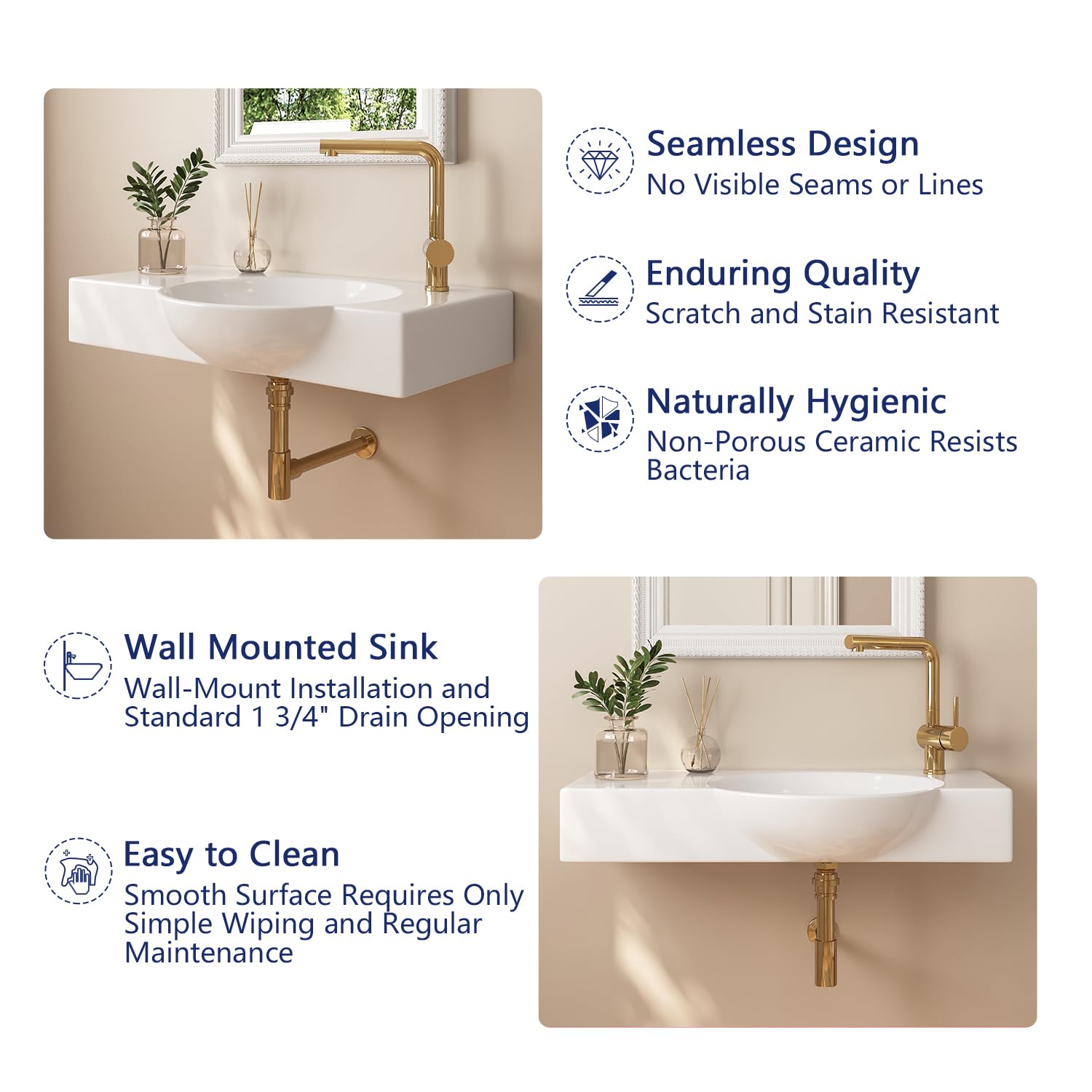 DeerValley 30x18 Inch White Ceramic Wall Mount Bathroom Sink - Modern Vessel Sink with Right Side Faucet Mount | Perfect for Small Bathrooms, Powder Rooms & Vanity Installations