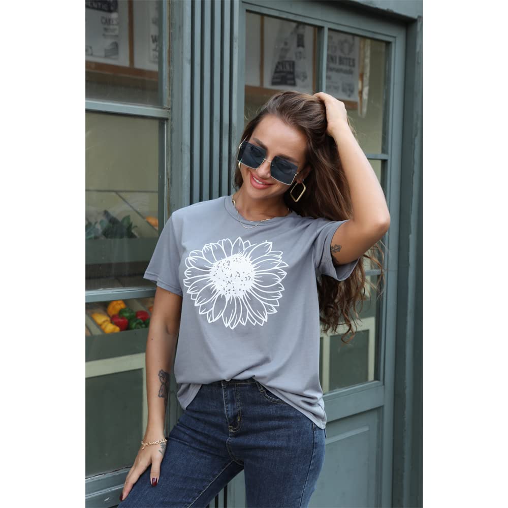 Women's Summer Sunflower Graphic T-Shirt - Cute Floral Print Loose Fit Crew Neck Short Sleeve Casual Top for Beach, Vacation & Everyday Wear