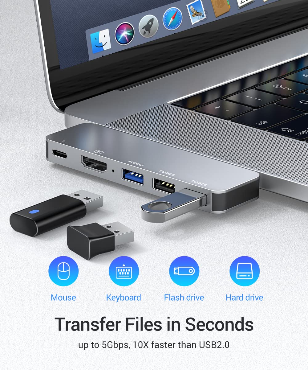 USB C Hub for MacBook Pro/Air (2021-2016) - 6-in-1 Multiport Adapter with 4K HDMI, Thunderbolt 3, USB 3.0 - Compatible with MacBook Pro 13/16 inch & MacBook Air M1 - Perfect for Home Office, Online Classes & Video Conferencing
