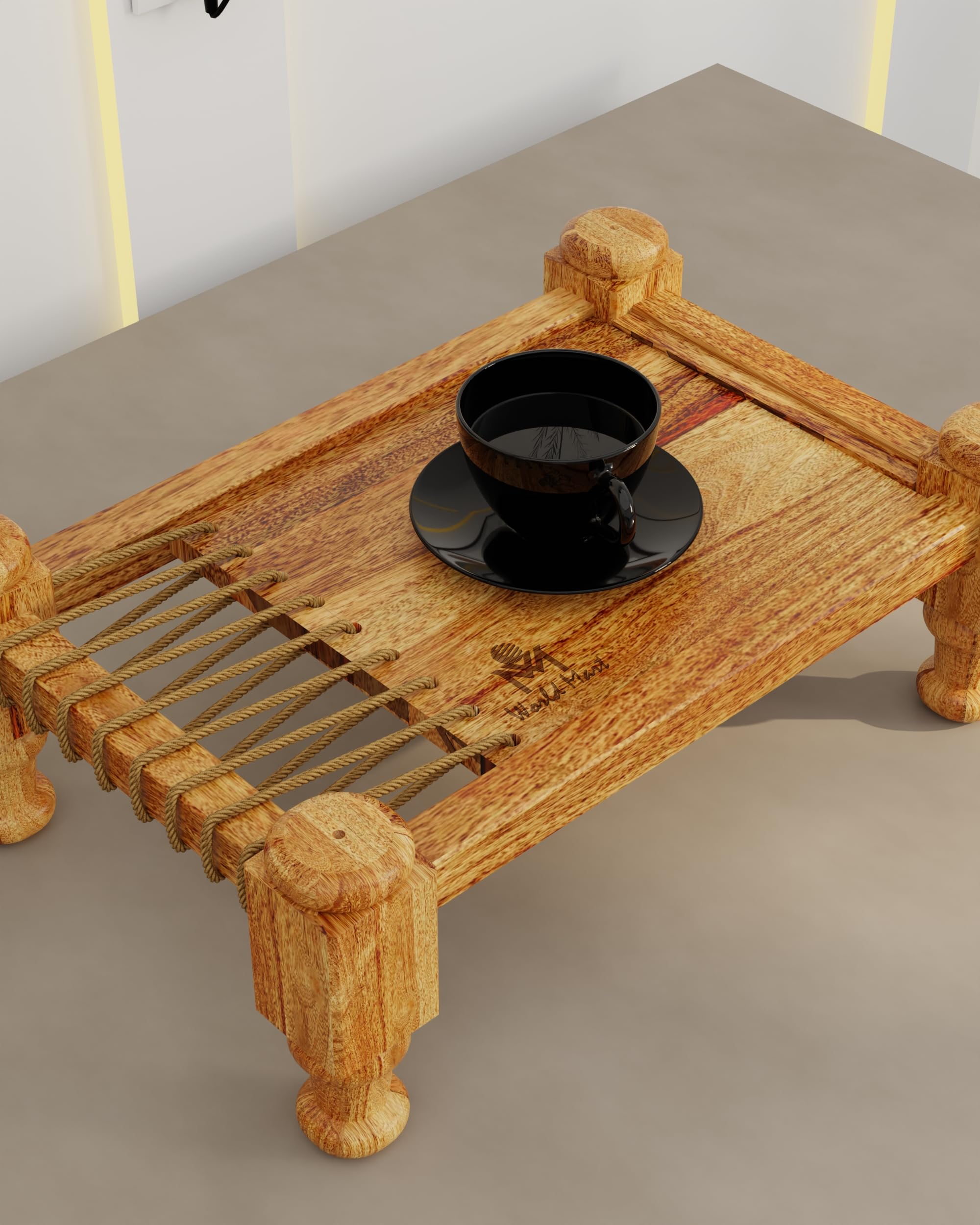 World Mart Handcrafted Charpai Design Wooden Serving Tray - 11x7 Inches Natural Finish Tea & Snack Tray - Perfect for Breakfast in Bed, Coffee Table Decor, and Outdoor Picnics