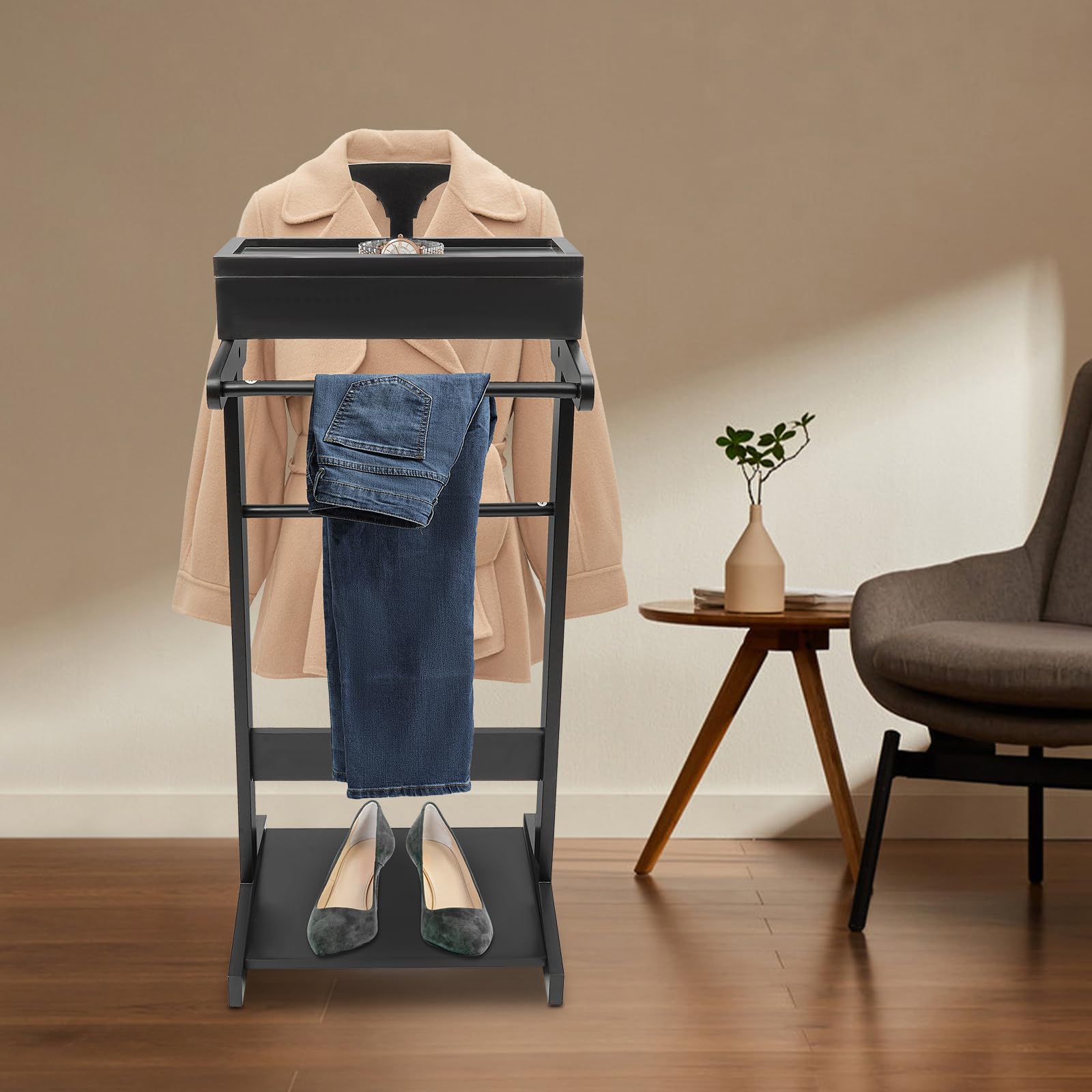 Heavy Duty Clothing Rack with Top Shelf - Tall Closet Organizer & Suit Valet Stand for Men | Steamer Stand with Hat Holder, Tie/Belt Hooks & Shoe Storage | Perfect for Entryway, Office, Living Room & Bedroom Organization (Black)