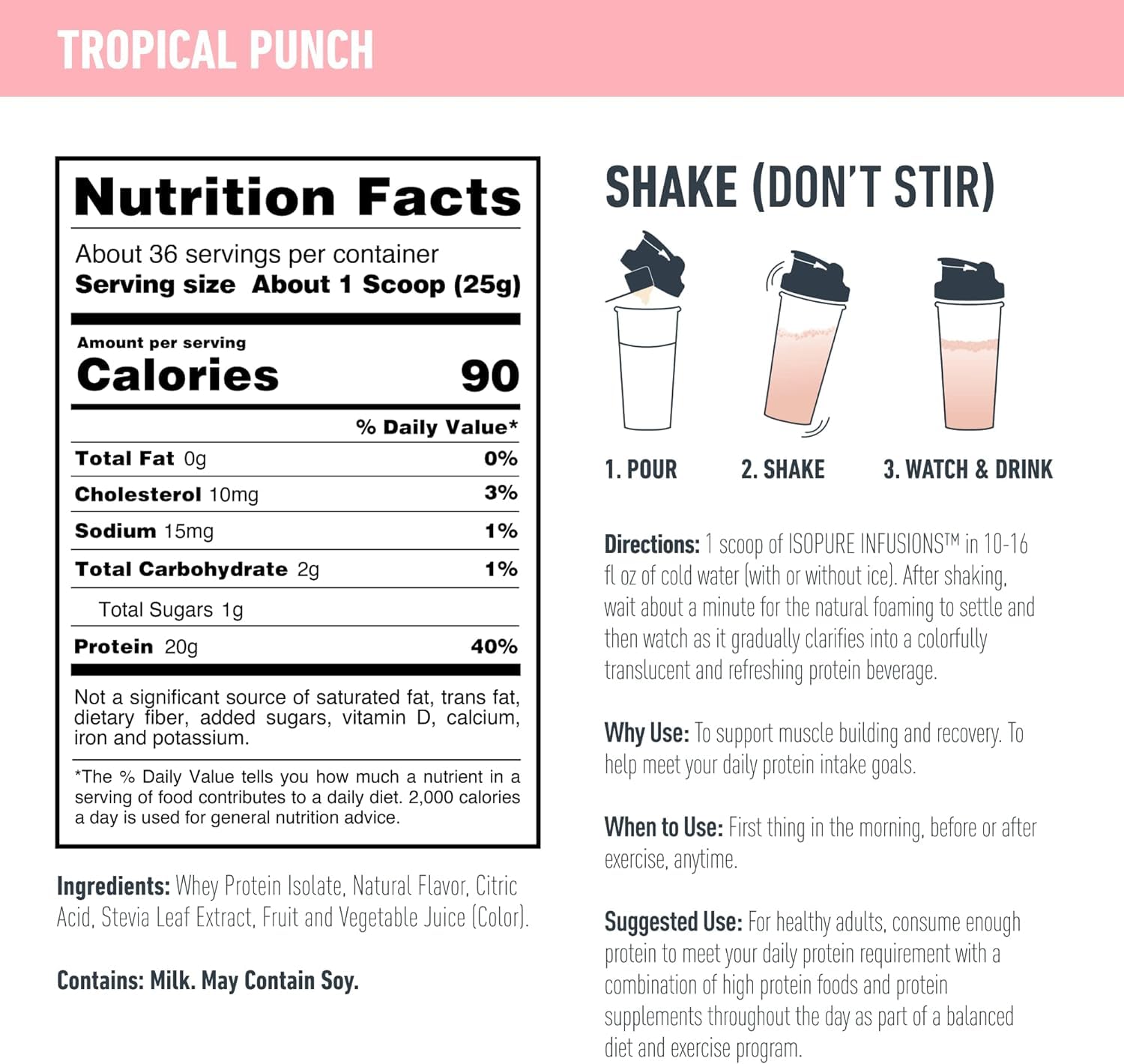 Isopure Clear Whey Isolate Protein Powder - Lactose Free, Gluten Free, Naturally Flavored Tropical Punch - 20g Protein Per Serving, 1.9 Lbs (36 Servings) | Post-Workout Recovery & Healthy Lifestyle Supplement