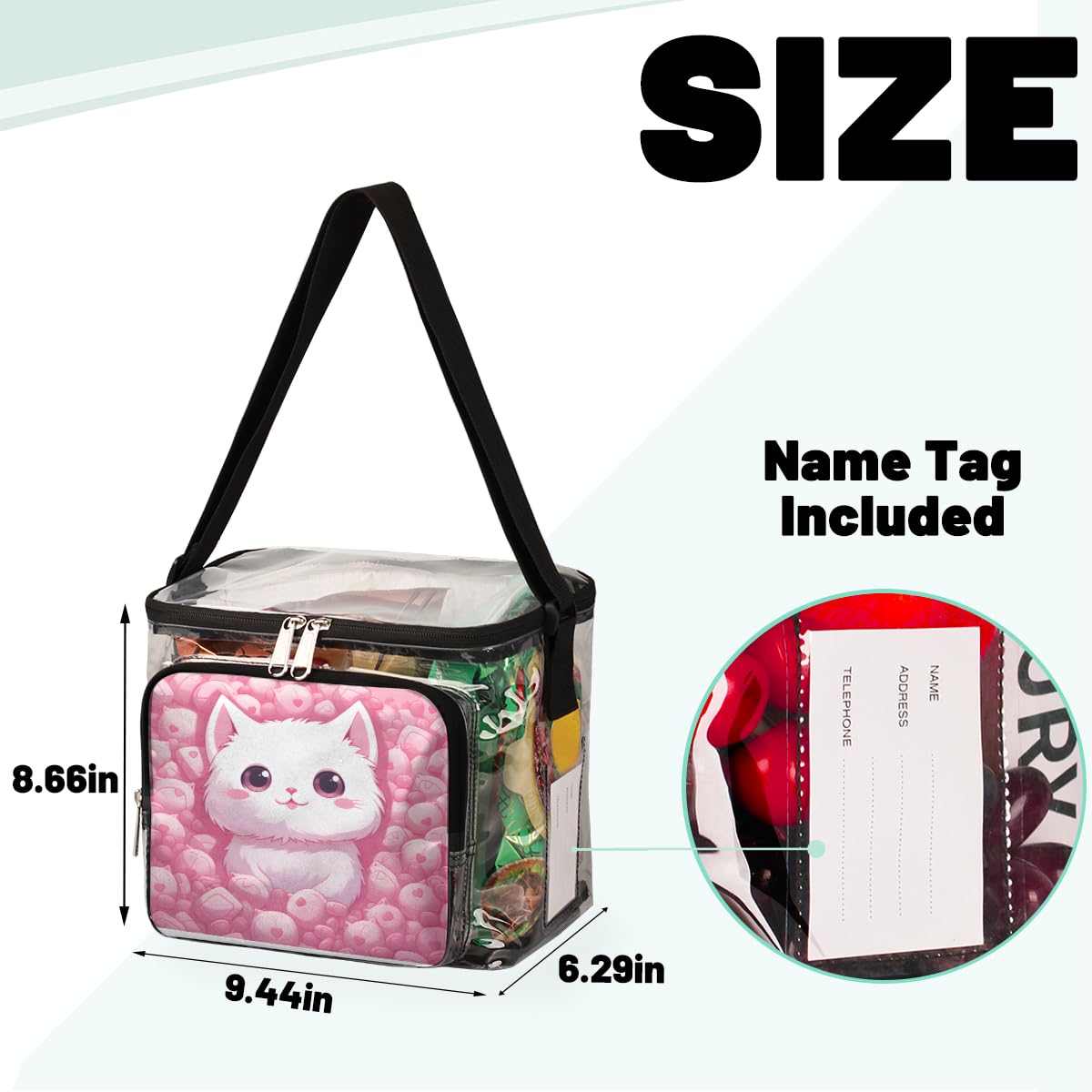 GzLeyigou Pink Cute Kitten Clear Tote Bag with Handles - Transparent Crossbody Shoulder Purse for Women, White Cat Design Lunch Bag | Perfect for Outdoor Travel, Picnic, Concerts, Sports Events & Stadium Approved | Waterproof & Lightweight Daily Essentials Carrier