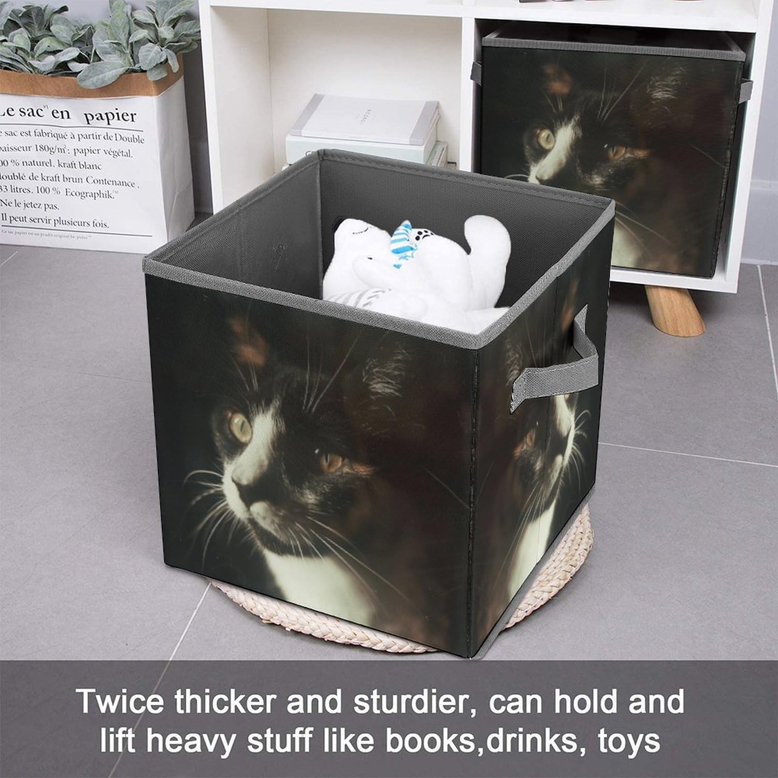 Foldable Storage Bins with Handles - 10.6x10.6 Inch Collapsible Cube Organizer Baskets for Home, Office & Closet - Cat with White Eyes Printed Design - Perfect for Toys, Books & Clothes Organization