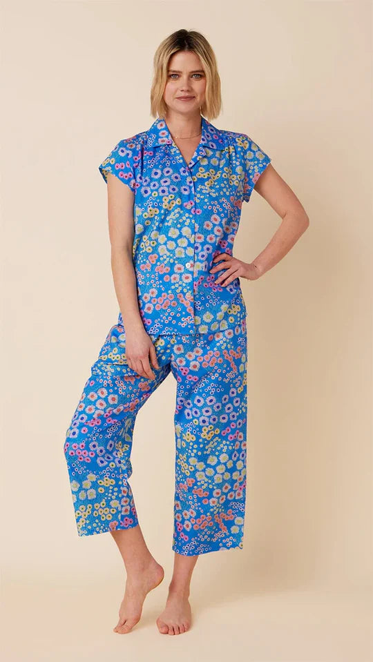 Cerulean Blue Floral Print Capri Pajama Set for Women - Soft Cotton Sleepwear for Summer Nights, Lounge Wear & Vacation Outfits