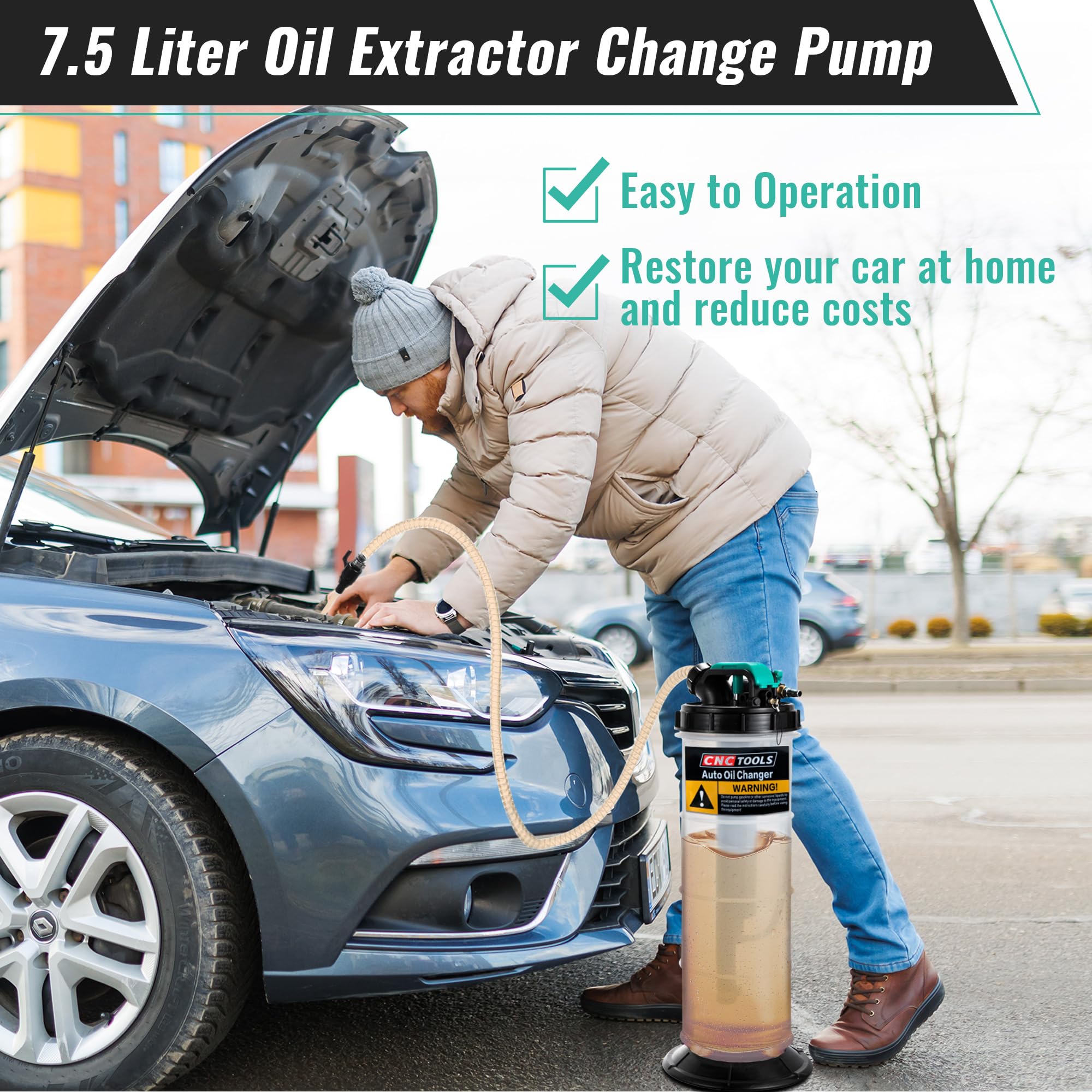 Estune 2 Gallon (7.5L) Manual Pneumatic Oil Fluid Extractor Pump - Automotive Oil Changer & Vacuum Pump with 5 Brake Bleeding Hoses - Perfect for Cars, SUVs, Trucks, Yachts & Marine Applications - Ideal for Oil Changes, Fluid Extraction & Brake Bleeding