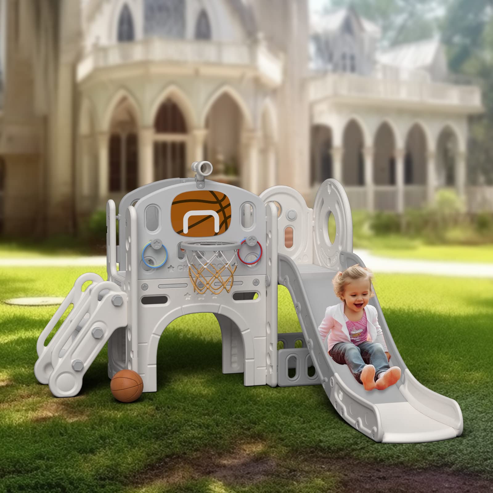 YUFU 9-in-1 Toddler Slide and Playset with Basketball Hoop - Indoor Outdoor Playground for Kids Ages 1-3 - Perfect for Backyard, Playroom, and Daycare Activities (Beige+Gray)