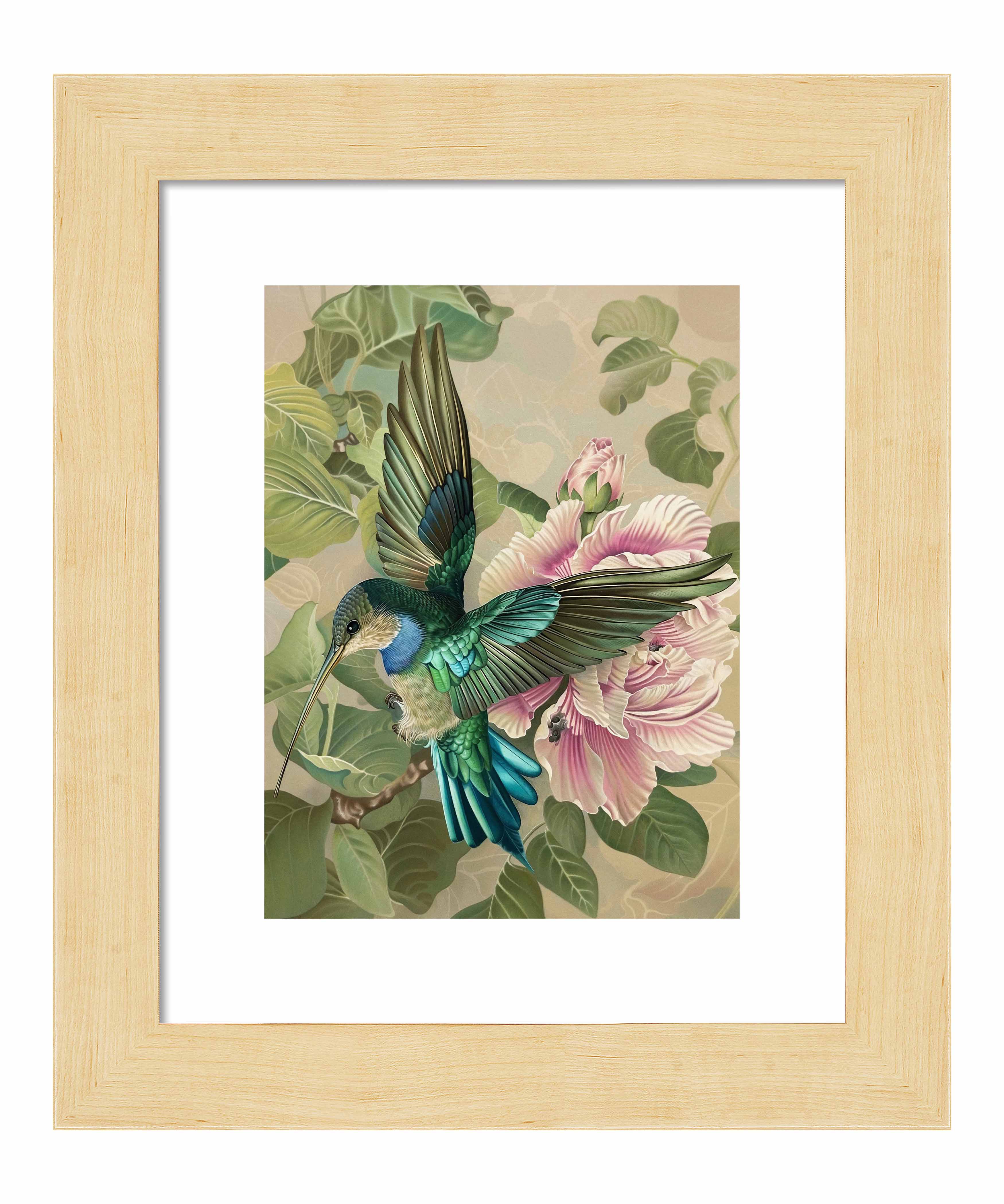 Emerald Flight Hummingbird Among Hibiscus Wall Art Print - Vibrant Tropical Home Decor for Living Room, Bedroom & Office