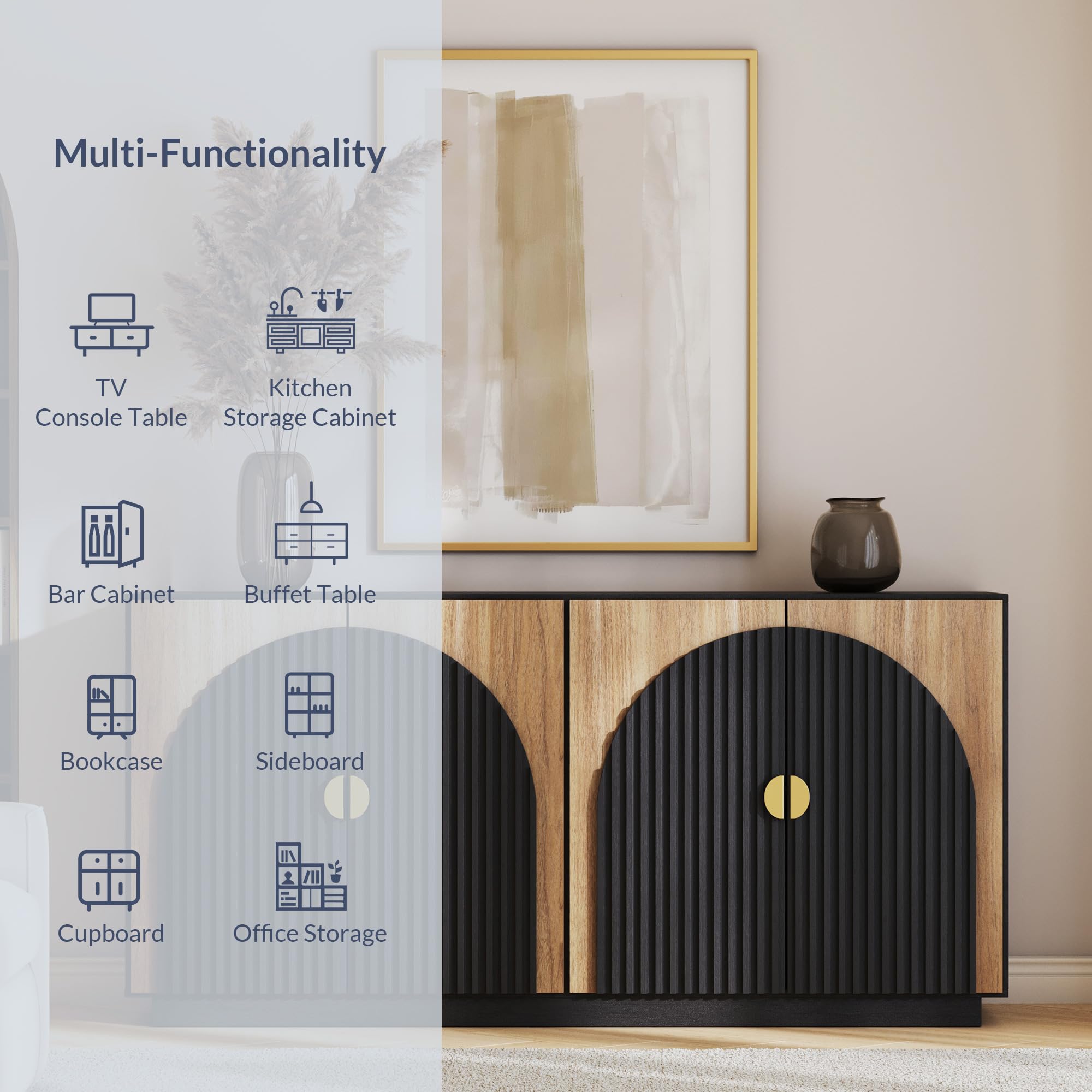 BELLEZE 65 Inch Fluted Buffet Cabinet with Storage - Symmetrical Arc Accent Sideboard, Large Console Table for Dining Room, Kitchen & Living Room - Modern Home Furniture for Entertaining & Organization (Camel)