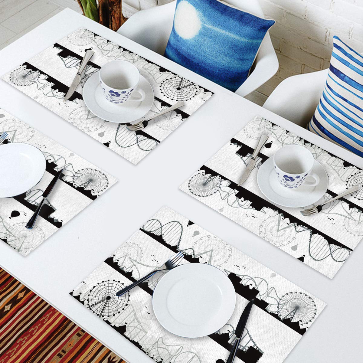 4-Pack White and Black Cotton Linen Placemats - Heat Resistant, Non-Slip & Washable Table Mats for Dining, Kitchen Decor - Retro Ferris Wheel & Hot Air Balloon Design - Perfect for Holiday Banquets, Dinner Parties, and Everyday Family Meals