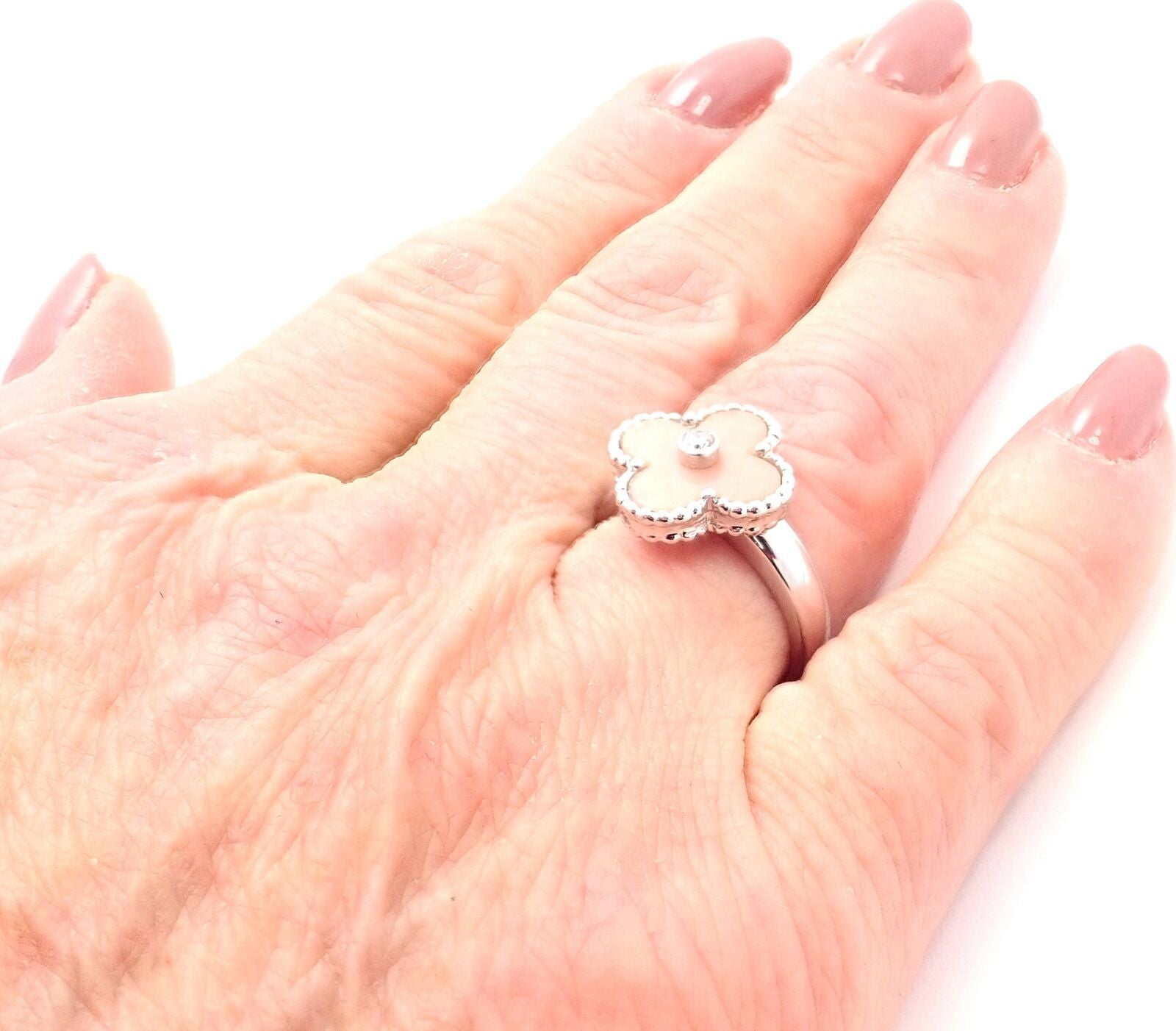 Authentic Van Cleef & Arpels Alhambra 18k White Gold Pink Opal Diamond Ring - Luxury Jewelry for Weddings, Anniversaries & Special Occasions
