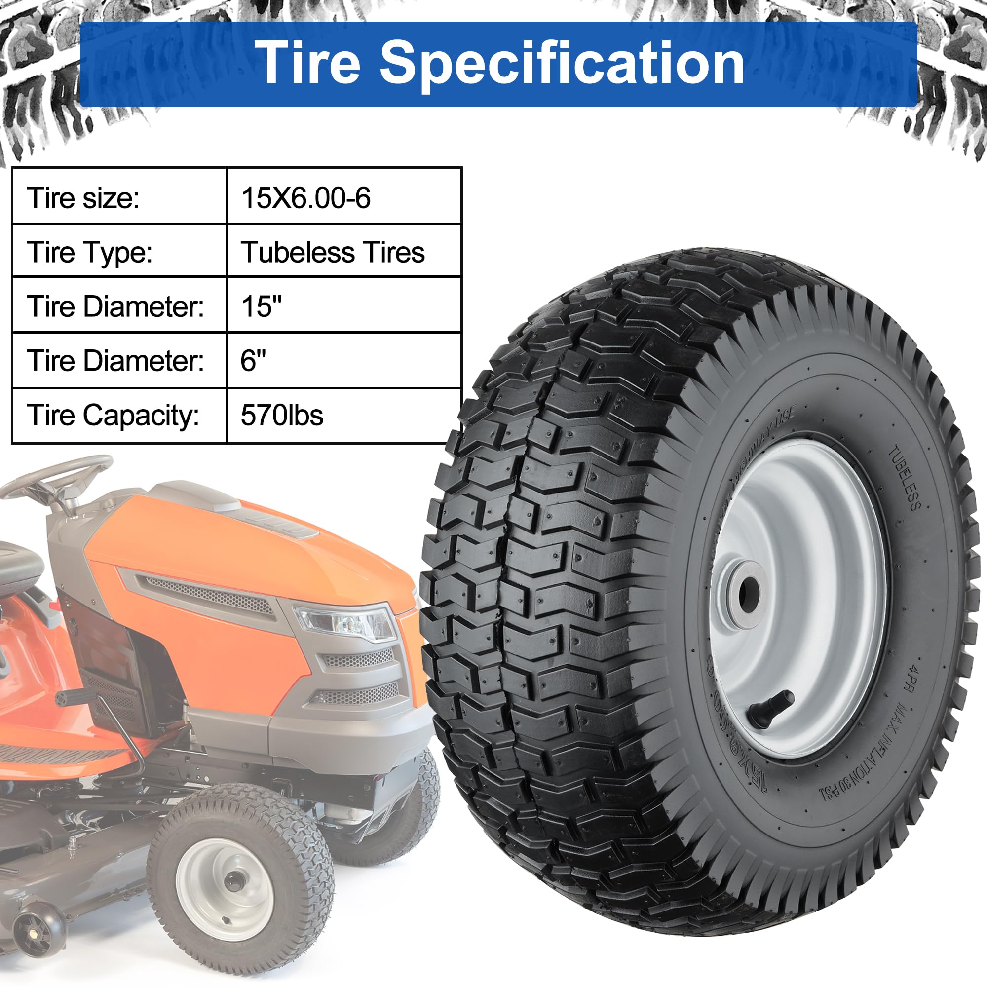 15x6.00-6 Tubeless Lawn Mower Tires (2 Pack) - 4 Ply Heavy Duty Garden Tractor Tires with 3