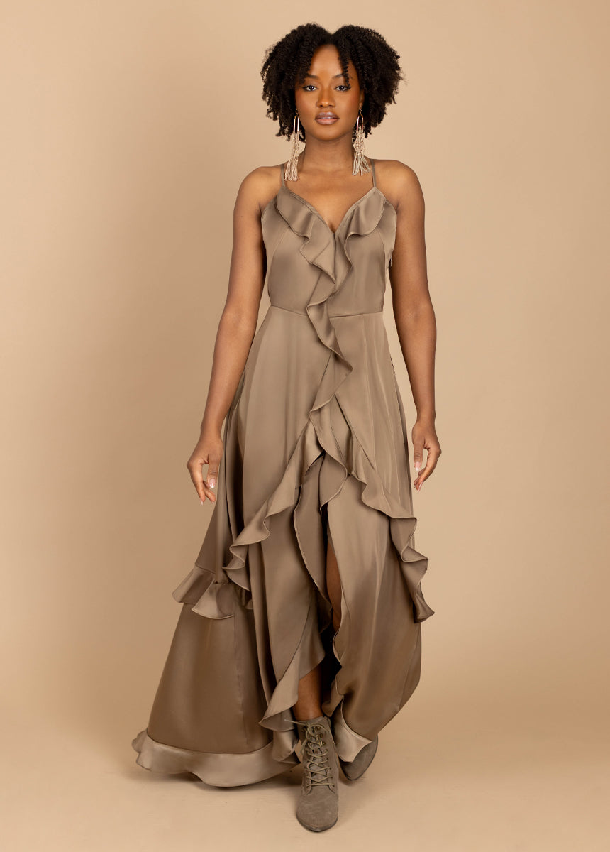 Allona Women's Casual Taupe Dress - Elegant Flowy Midi Dress for Summer, Beach, and Office Wear