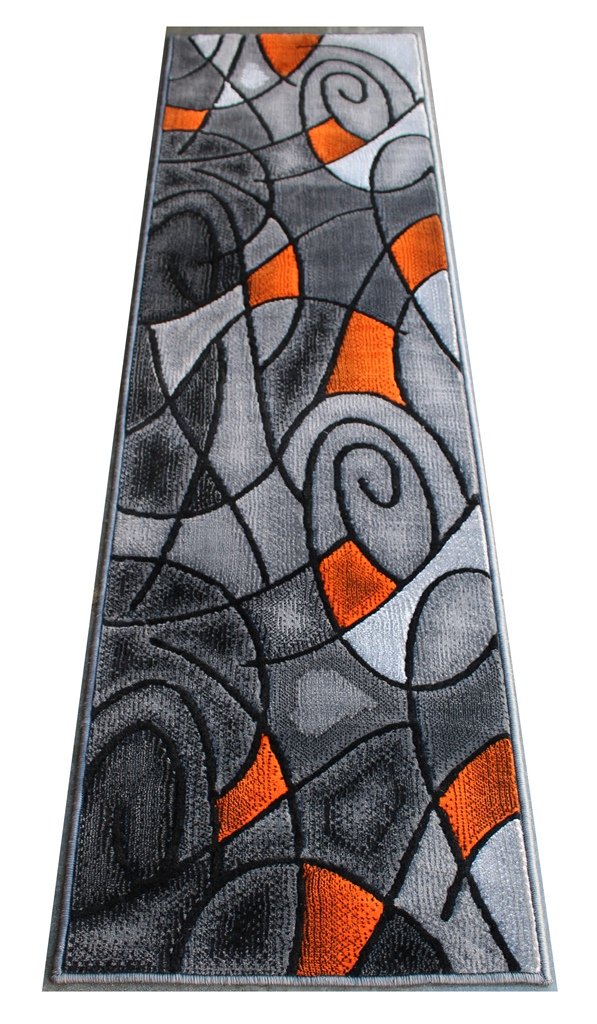 Masada Modern Contemporary Runner Area Rug 2' x 7' - Orange Grey Black Geometric Pattern Non-Slip Hallway Rug for Living Room, Bedroom & Entryway Decor