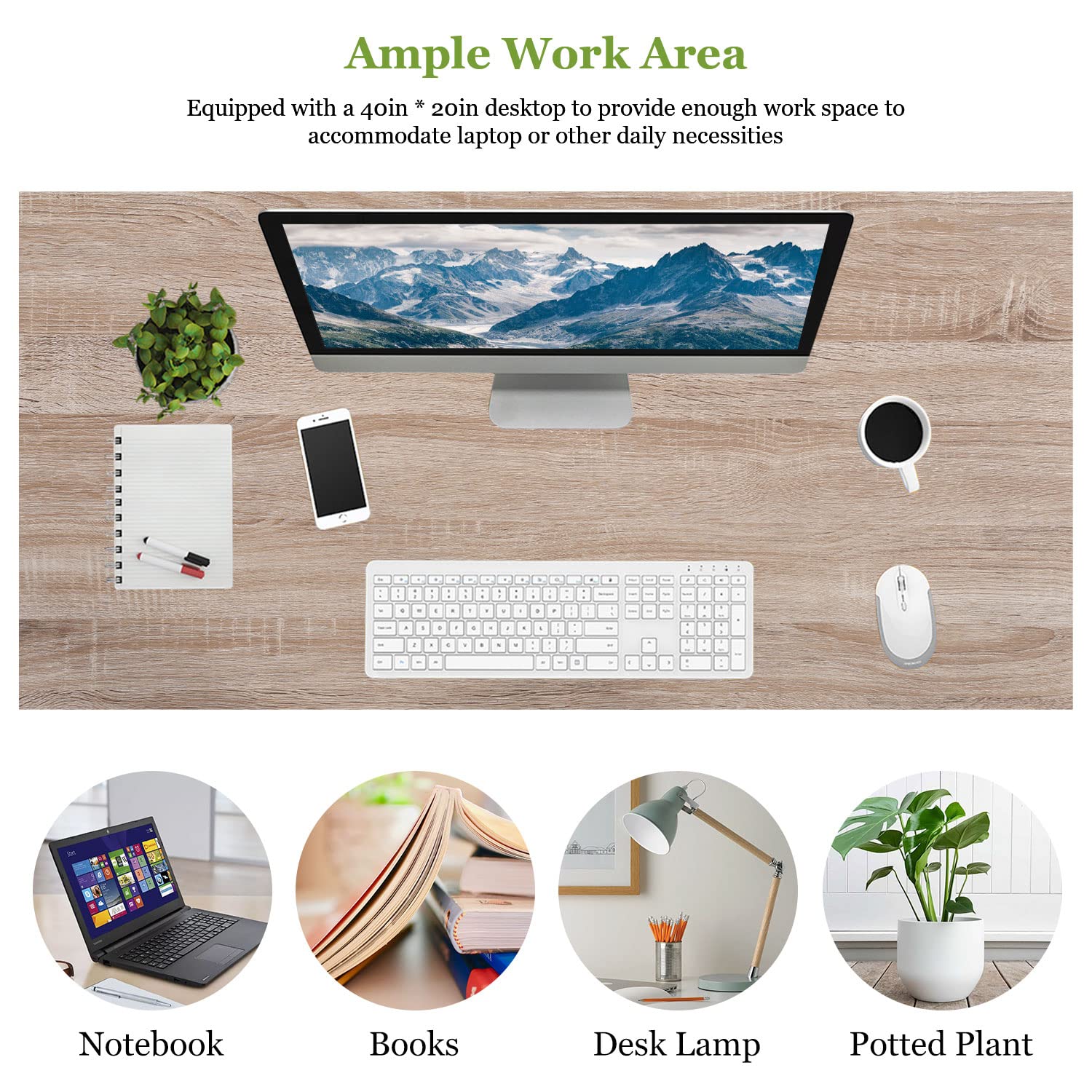 Adjustable Height 39 Inch Modern Computer Desk for Home Office - Sturdy Writing Study Table with Leveling Feet, Ergonomic Design for Work & Gaming (Natural Wood Finish) - Perfect for Small Spaces & Remote Work