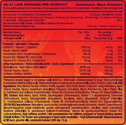 AK 47 Labs Paranoia Pre Workout Powder - Energy Booster & Vitamin Supplement, 30 Servings for Intense Workouts & Gym Performance