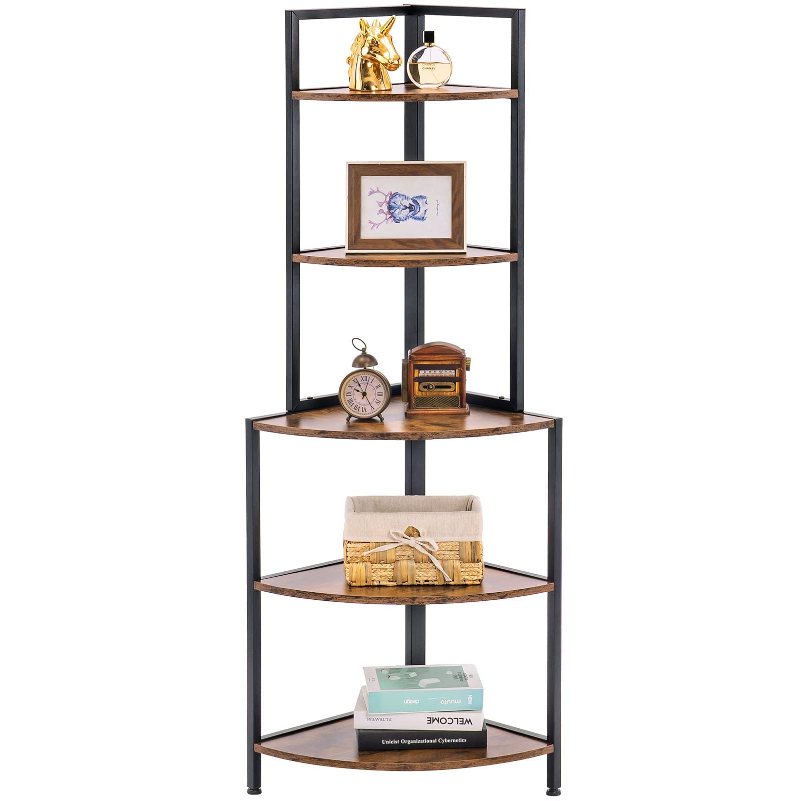 Apicizon 5-Tier Corner Shelf - Industrial Metal Frame Bookcase, Rustic Brown Storage Rack for Books, Plants & Decor | Perfect for Small Spaces, Home Office, Kitchen & Living Room Display