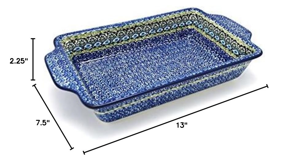 Polish Pottery Rectangular Baker with Tab Handles - 7 Cup Capacity - Tranquility Design - Perfect for Casseroles, Lasagna & Oven-to-Table Serving