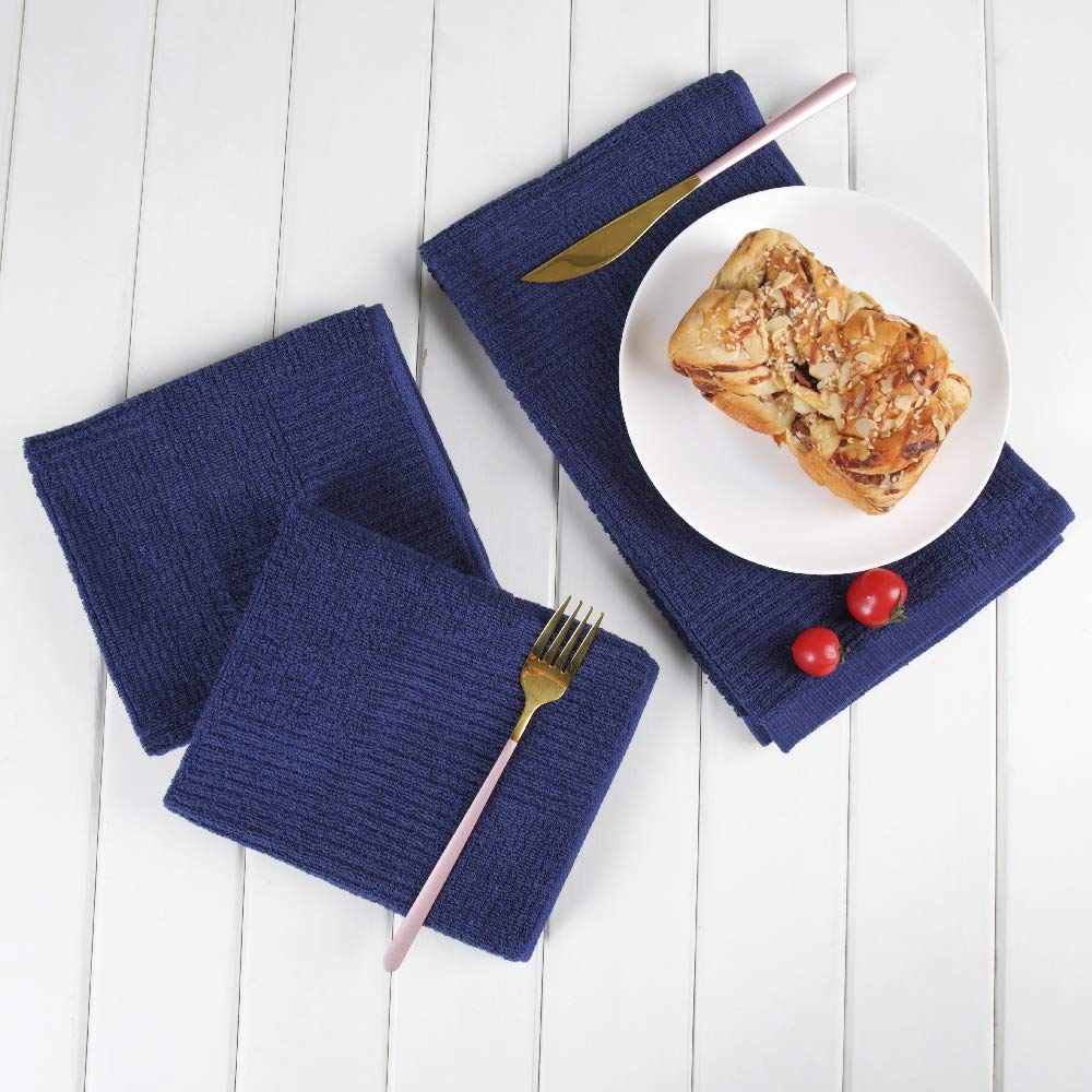 Premium Navy Blue Cotton Dish Towels Set of 3 - Super Absorbent 16x26 Inch Kitchen Towels for Drying Dishes, Glassware & Countertops - Soft Terry Tea Towels for Daily Cleaning - Perfect for Kitchens, Restaurants & Housewarming Gifts