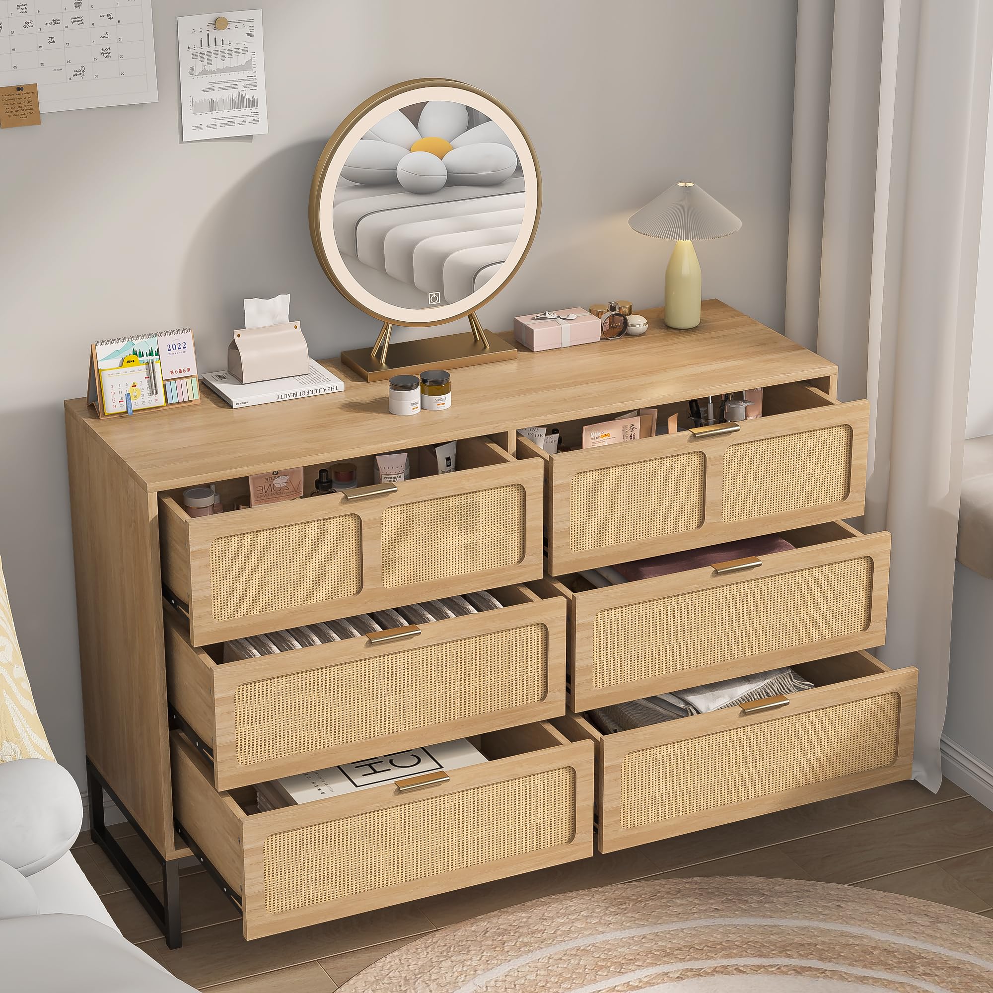 Boho Rattan 3-Piece Bedroom Set with 6-Drawer Dresser & Nightstand - Natural Woven Storage Cabinet Furniture Set for Master Bedroom, Guest Room, or Apartment Decor