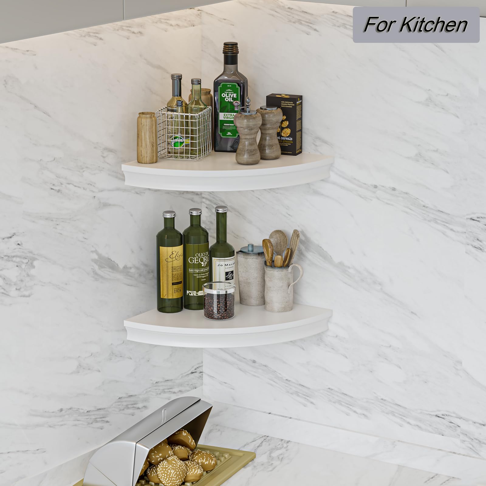 HAO Floating Corner Shelf - Invisible Wall Mounted Shelves with Radial Cable Hole Design - Set of 2 White - Perfect for Bedroom, Bathroom, Living Room & Kitchen Organization