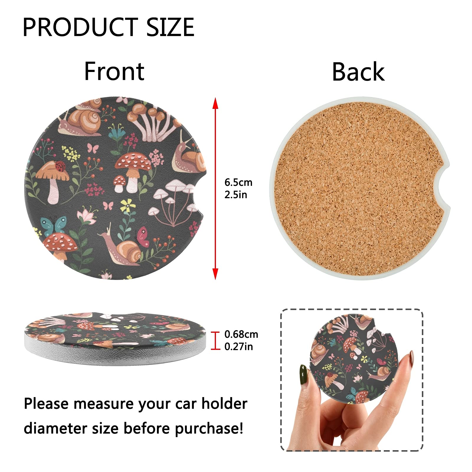 2 Pack Ceramic Car Cup Holder Coasters - Absorbent Drink Coasters for Cars with Snail & Ladybug Design, Non-Slip Fingertip Grip (2.5 Inch) - Perfect for Coffee, Soda & Water Bottles in Vehicles