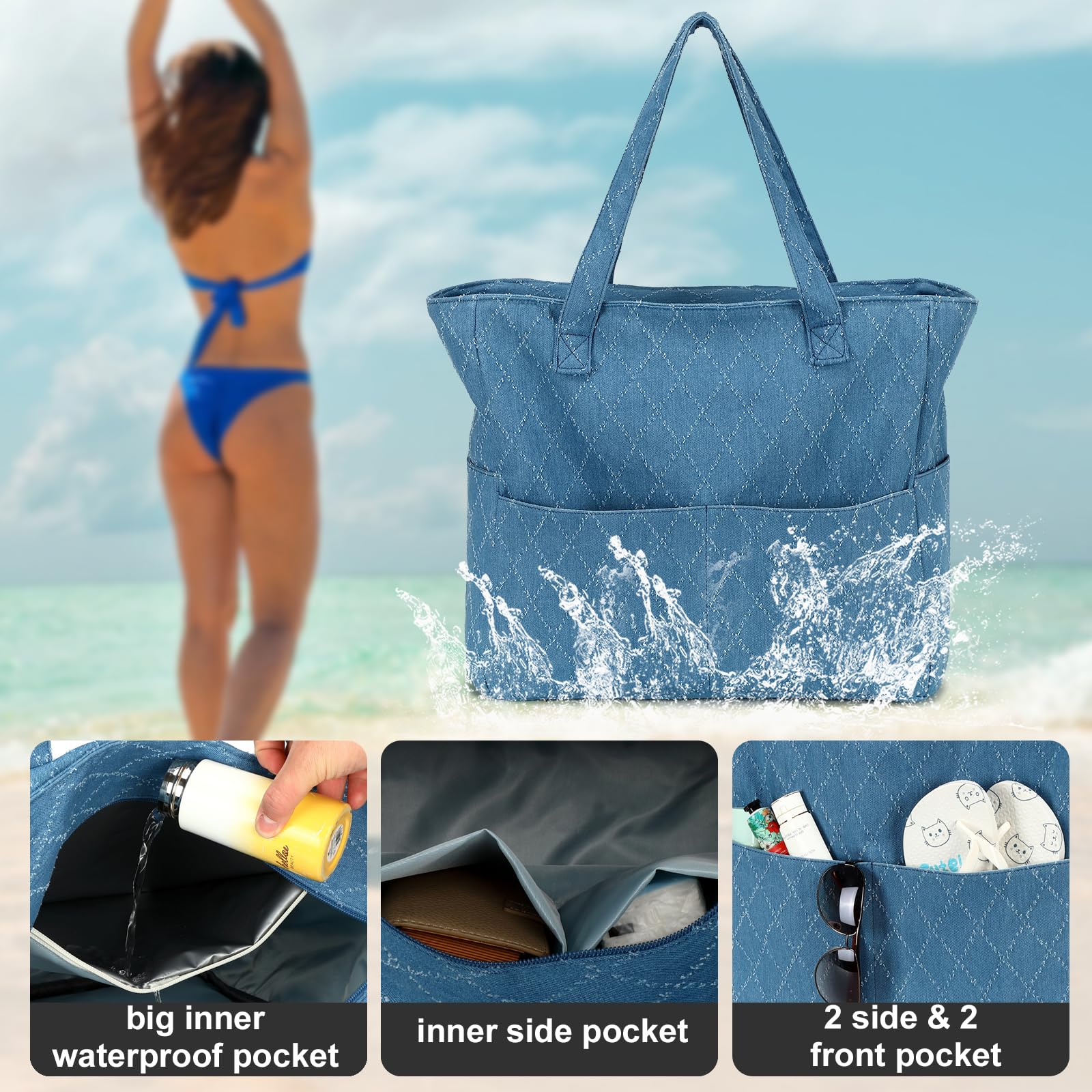 Waterproof & Sandproof Large Beach Tote Bag for Women - Extra Large Zippered Pool Bag with Wet Pocket - Perfect for Beach, Gym, Grocery Shopping & Travel