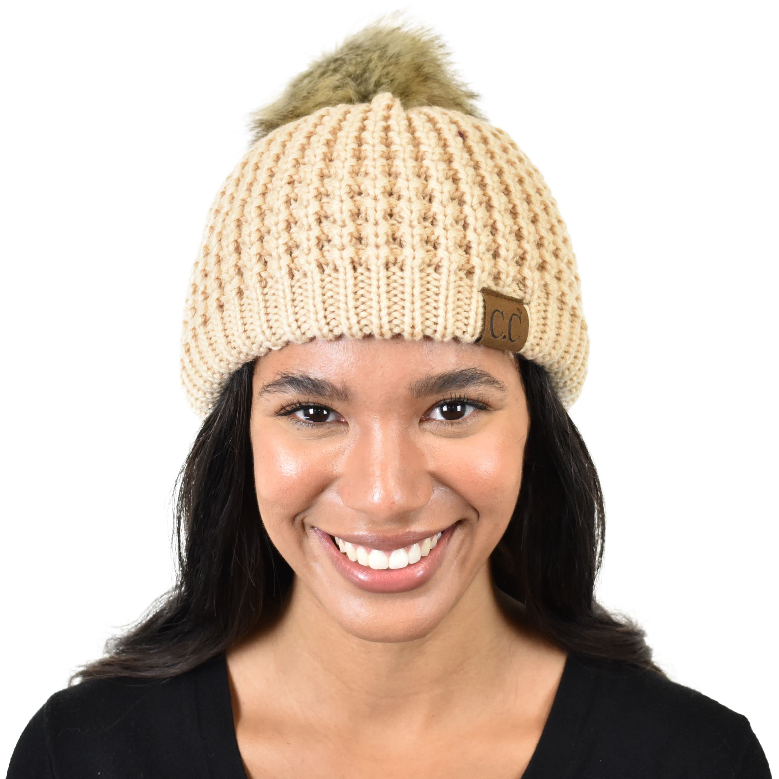 C.C Thick Waffle Knit Fleece Lined Faux Fur Pom Beanie Hat for Women - Winter Warm Fuzzy Hat for Cold Weather, Outdoor Activities & Fashion Accessories