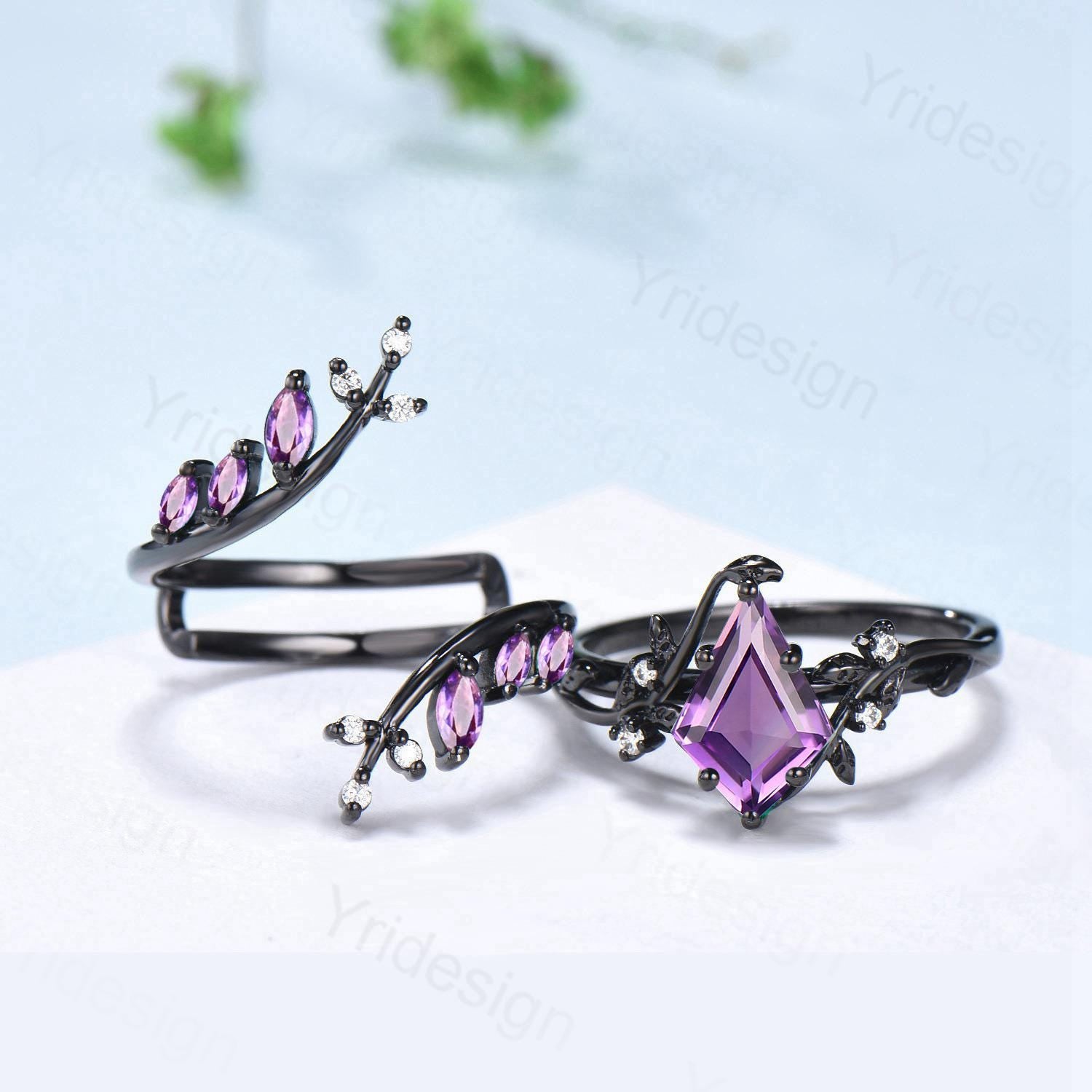Nature Inspired Black Gold Amethyst Engagement Ring Set - Unique Marquise Cut Purple Gemstone with Leaf Branch Design for Bridal Wedding Jewelry | Perfect for Proposals, Anniversaries & Special Occasions