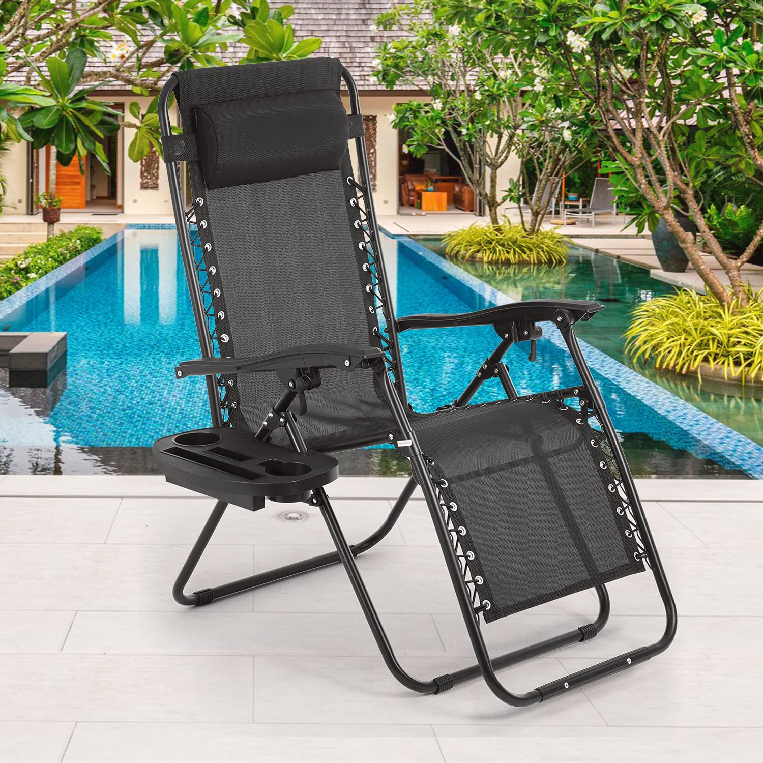 Zero Gravity Chair with Pillows & Cup Holder - Portable Folding Reclining Lounge Chair for Outdoor Relaxation - Perfect for Patio, Poolside, Beach, Backyard, Deck & Camping (Black)