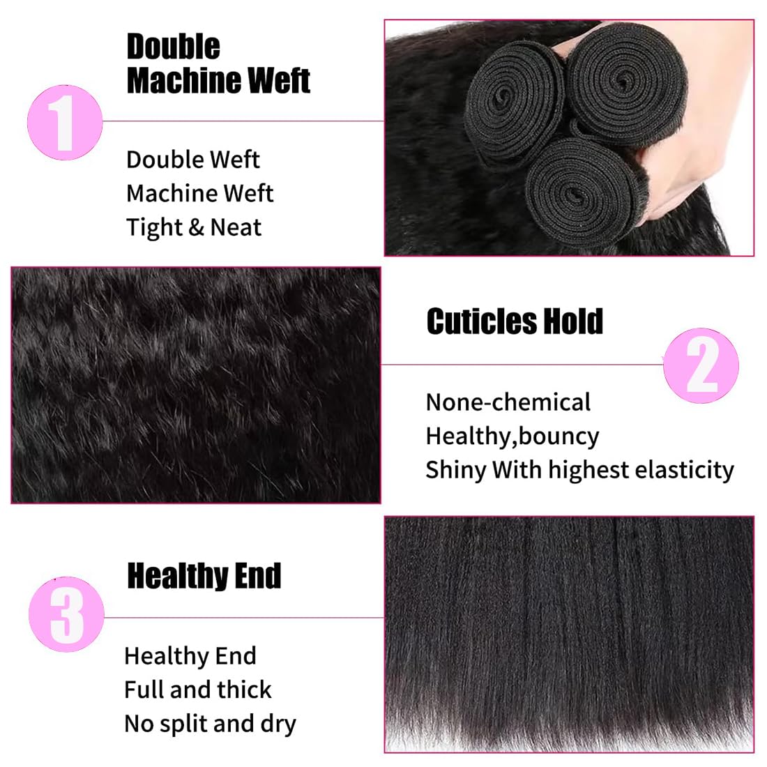 DMS 100% Unprocessed Brazilian Remy Hair Bundles - Kinky Straight Human Hair Weave 3 Bundles (20 22 24 Inch) for Black Women | Natural Black Color | Perfect for Protective Styles, Sew-Ins & Everyday Wear