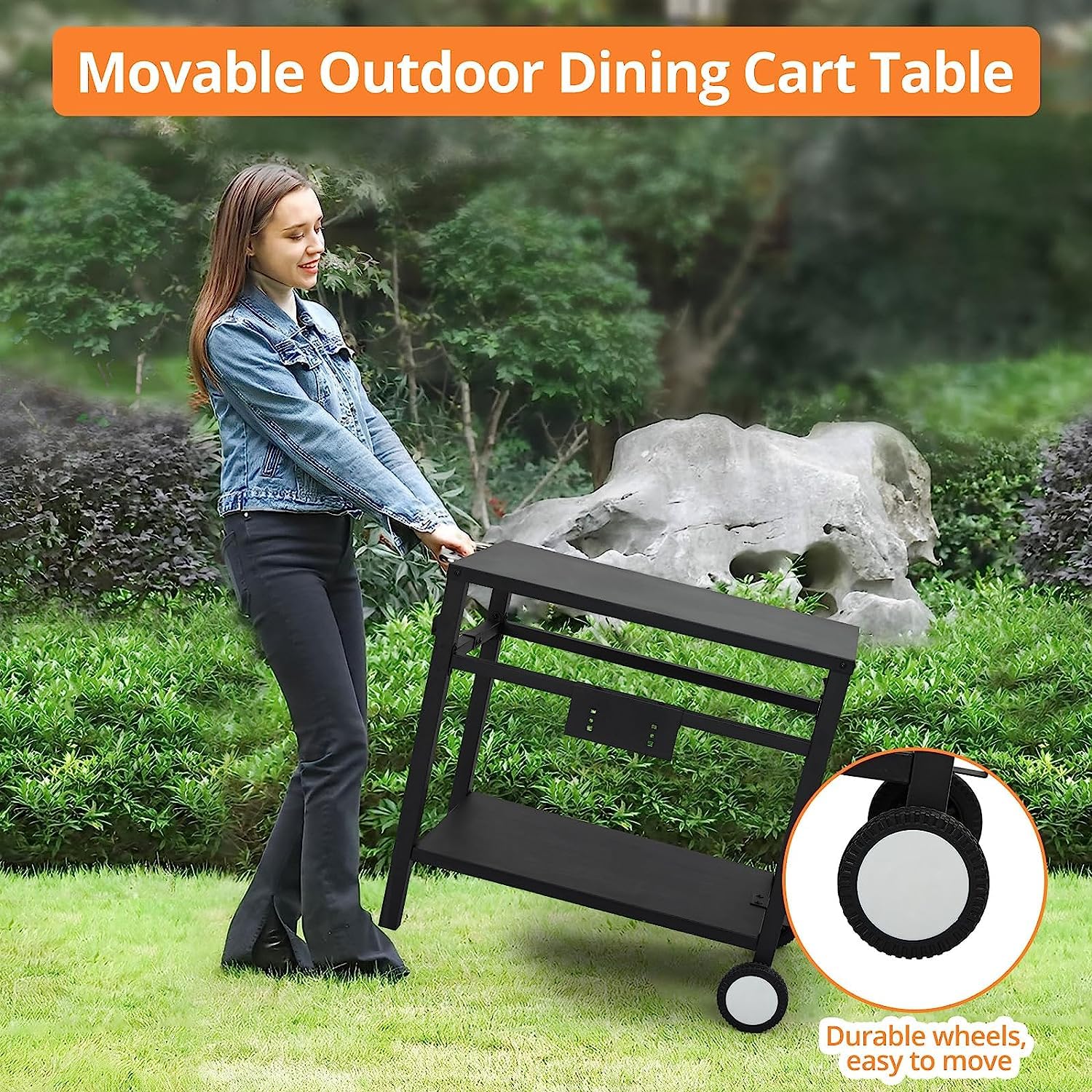 Premium Rolling Bar Cart with Wheels & Hooks - Outdoor BBQ Prep Table, Pizza Oven Stand & Grilling Station - Double Shelf Mobile Kitchen Cart with Side Handle - Perfect for Backyard, Patio, Camping & Home Kitchen Use (Black)