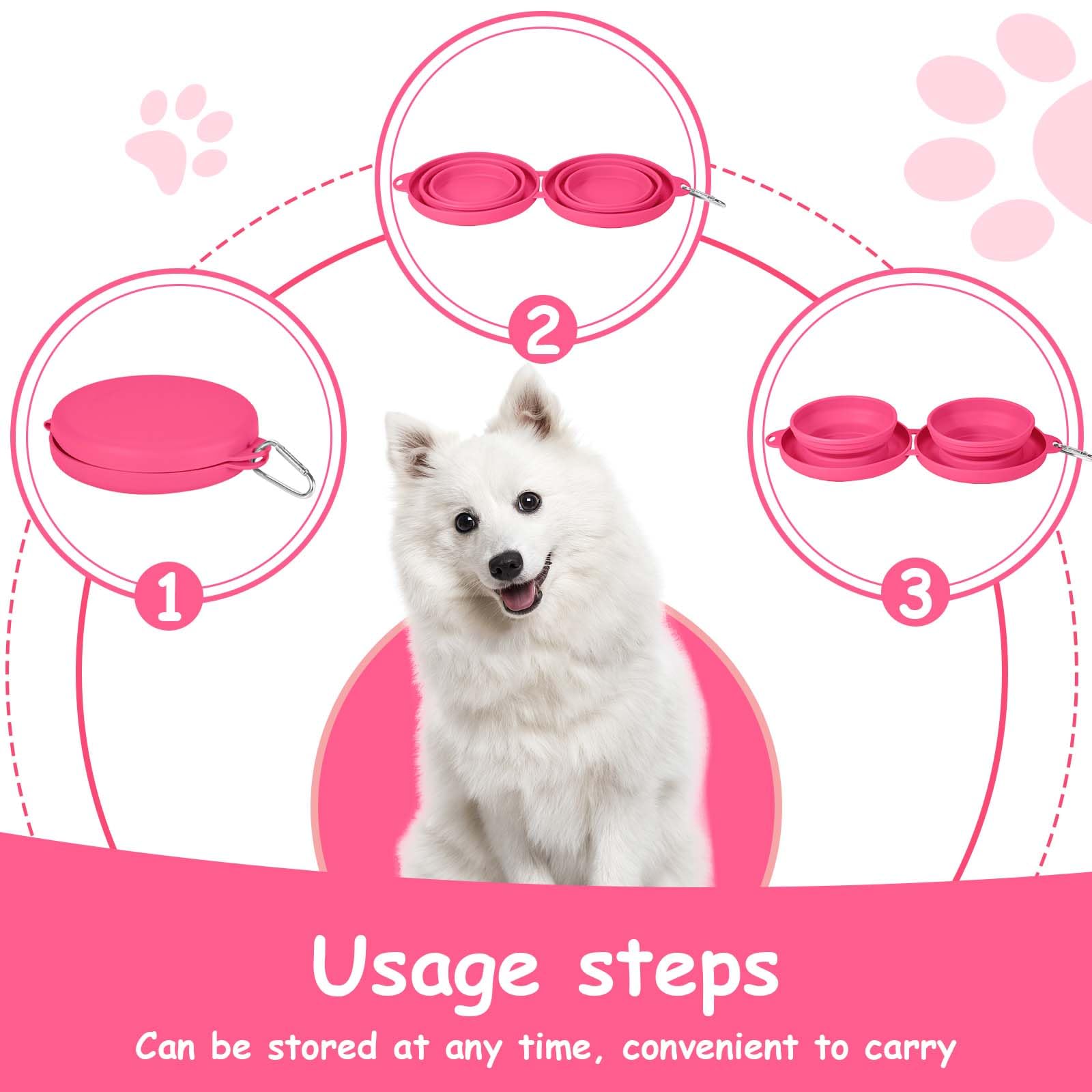 Foldable Collapsible Dog Water Bowl - 2 in 1 Portable Pet Food and Water Dish for Cats & Dogs with Carabiner Clip - Perfect for Travel, Hiking, Camping, Walking, Outdoor Adventures (Pink)