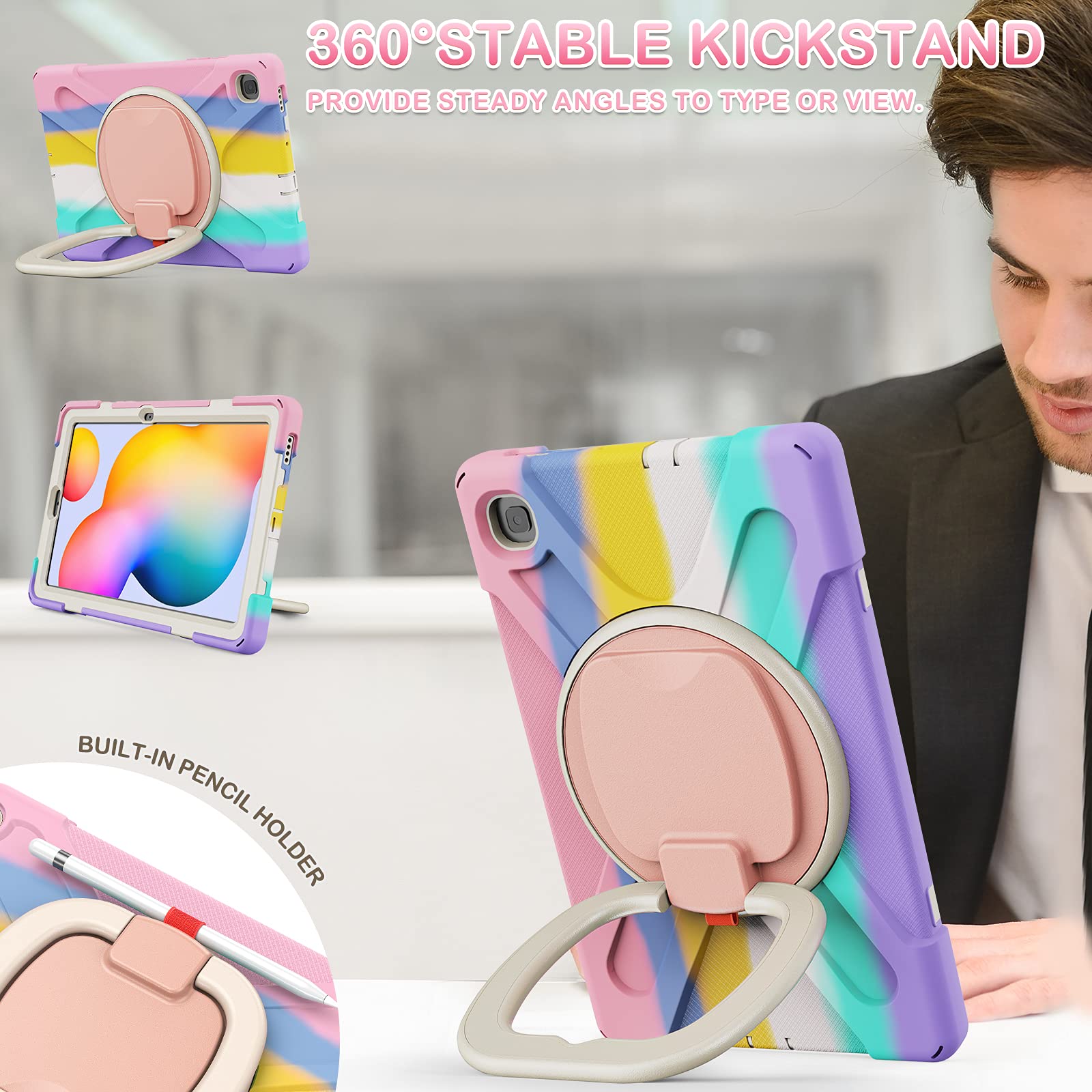 BATYUE Protective Case for Samsung Galaxy Tab S6 Lite 10.4 Inch 2022/2020 (SM-P610/SM-P613/SM-P615/SM-P619) - Shockproof Cover with Pencil Holder & 360° Swivel Stand | Kids-Friendly Durable Tablet Case in Pink | Perfect for School, Travel, and Home Use