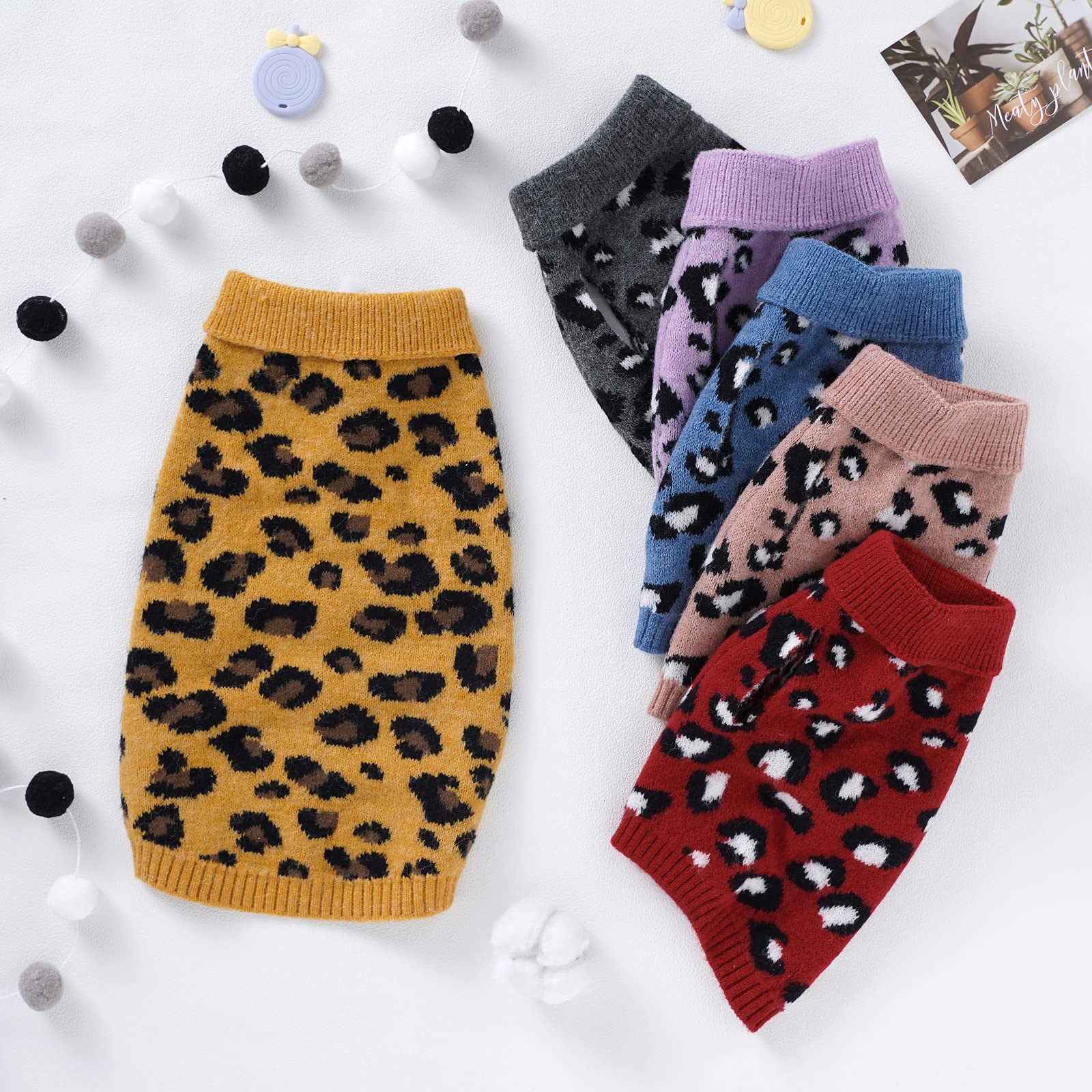 Opewod Small Dog Sweaters - Leopard Print Knitted Pet Sweater for Puppies | Soft & Warm Winter Knitwear | Perfect for Indoor & Outdoor Winter Walks