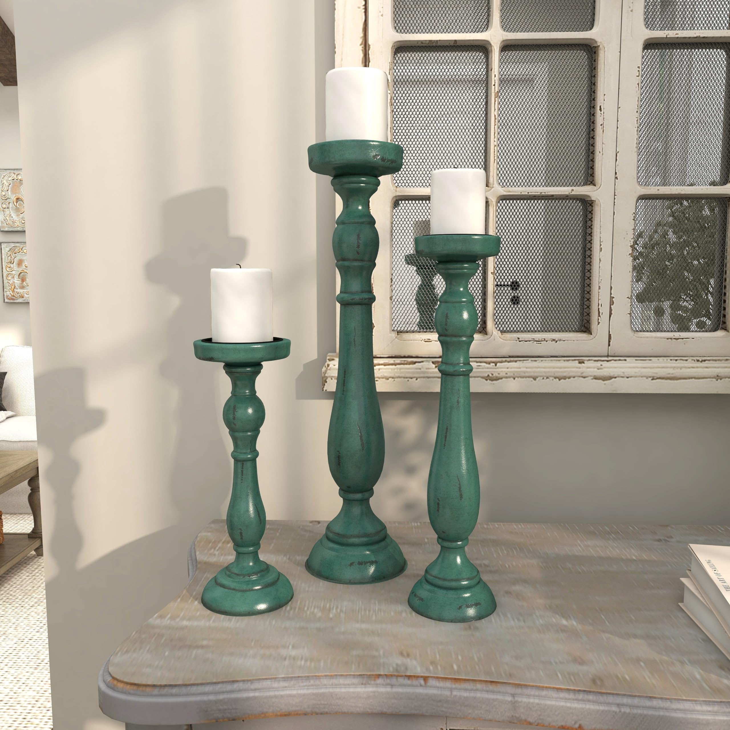 Deco 79 Distressed Wooden Candle Holder Set of 3 - Teal Turned Candlestick Stands 19