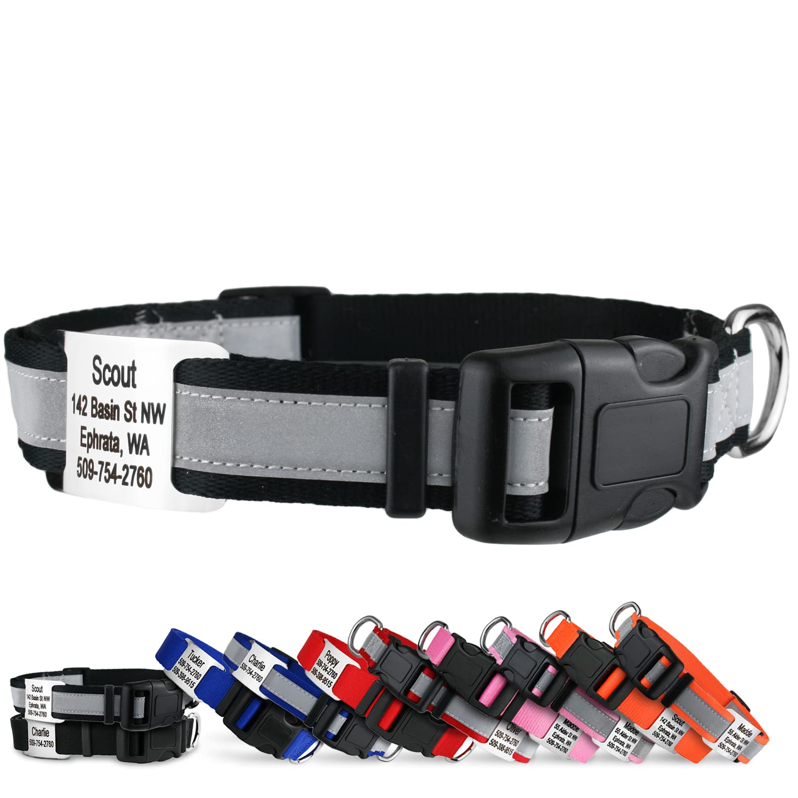 GoTags Reflective Personalized Dog Collar with Custom Engraved Nameplate - Adjustable Noiseless Pet ID Collar for Small Medium Large Dogs - Perfect for Night Walks, Jogging & Outdoor Adventures (Black, Medium)